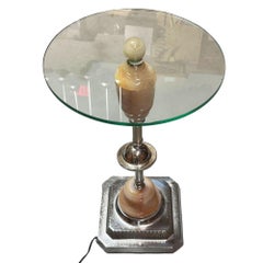 Light Up Chrome Streamline Art Deco Drink Side Glass Top Table w/ Art Glass Base