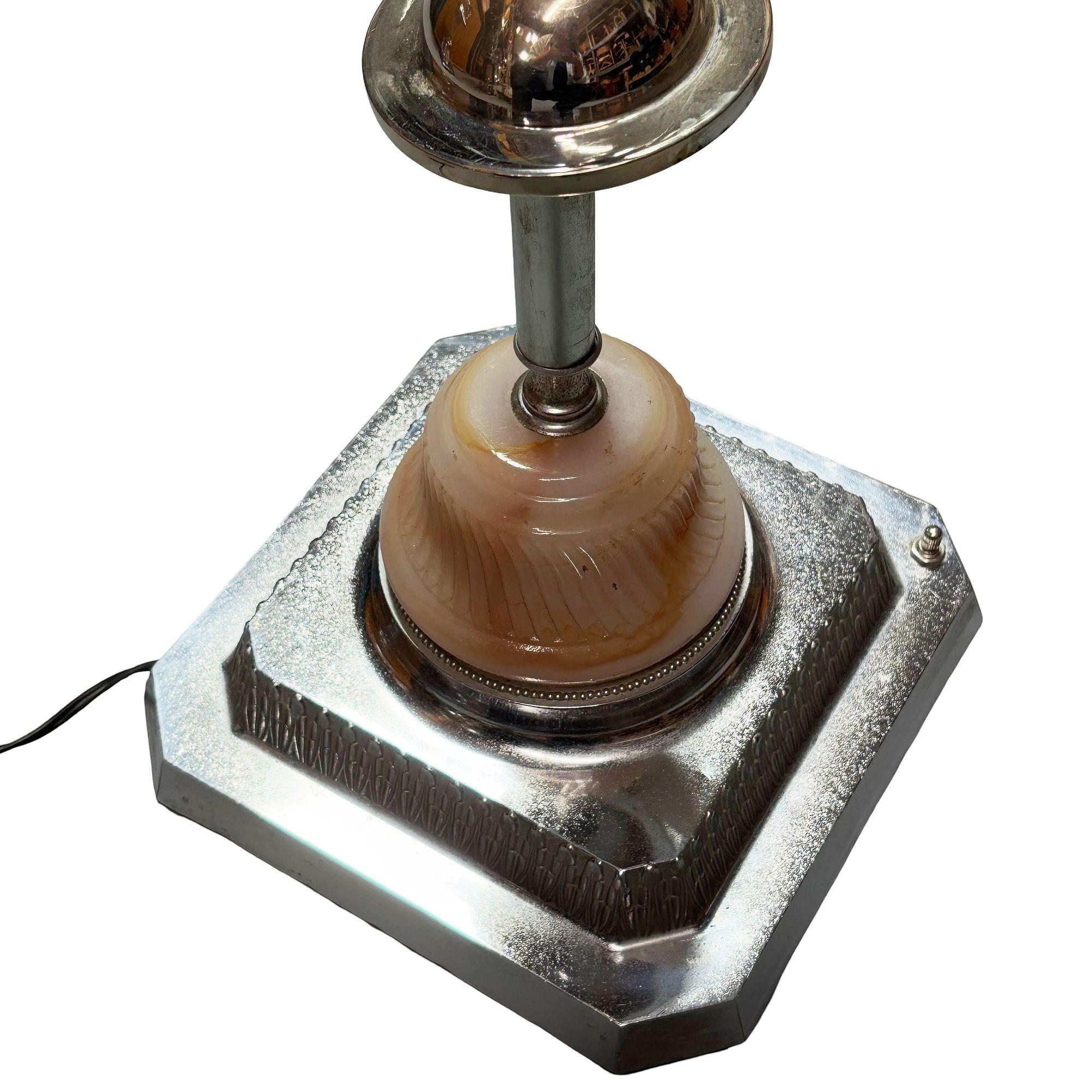 Mid-20th Century Light Up Chrome Streamline Art Deco Drink Side Glass Top Table w/ Art Glass Base For Sale