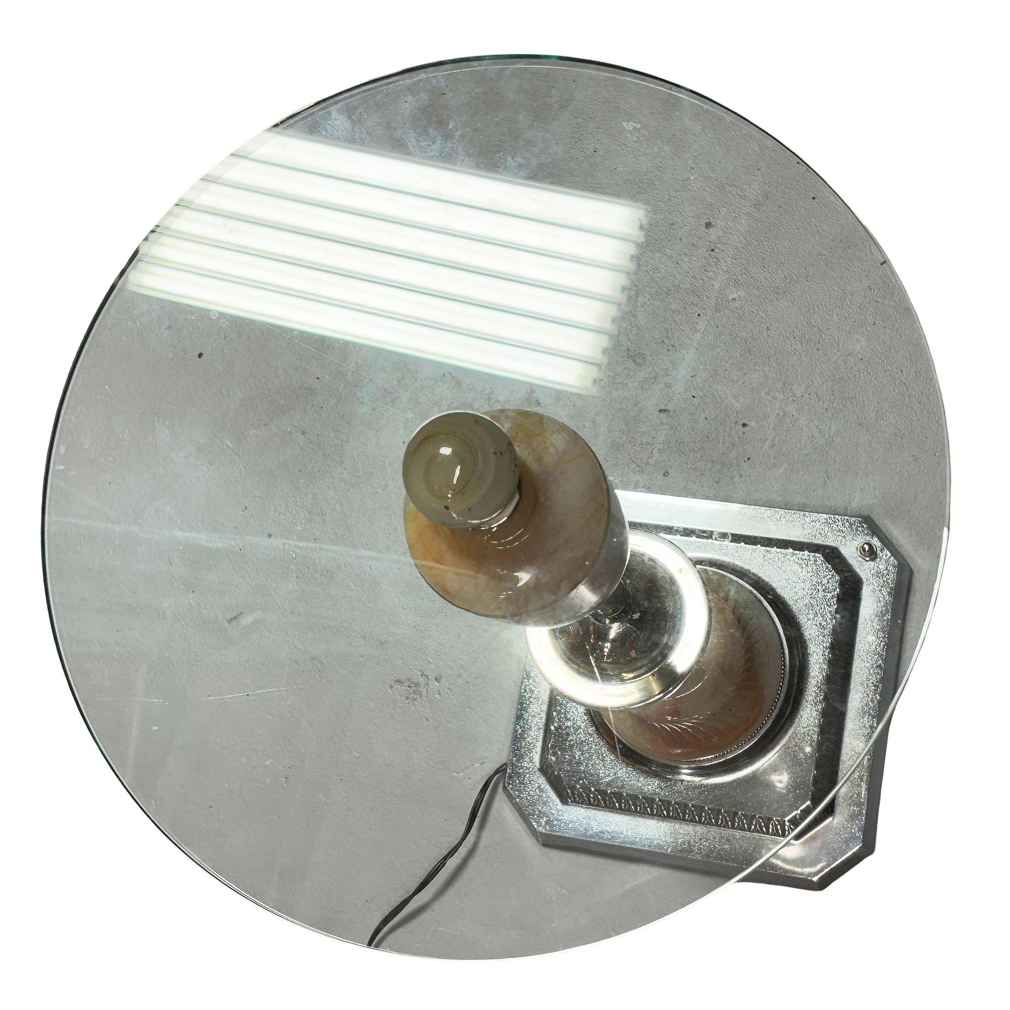 Steel Light Up Chrome Streamline Art Deco Drink Side Glass Top Table w/ Art Glass Base For Sale