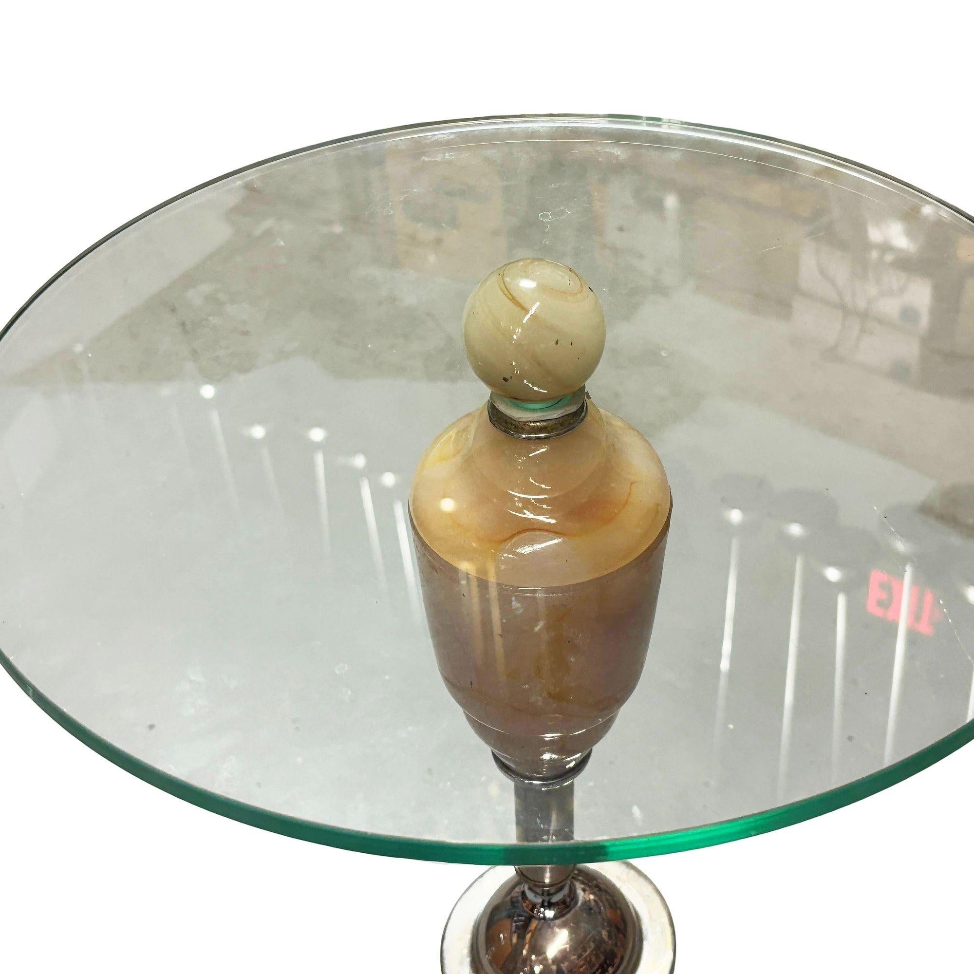 Light Up Chrome Streamline Art Deco Drink Side Glass Top Table w/ Art Glass Base For Sale 1