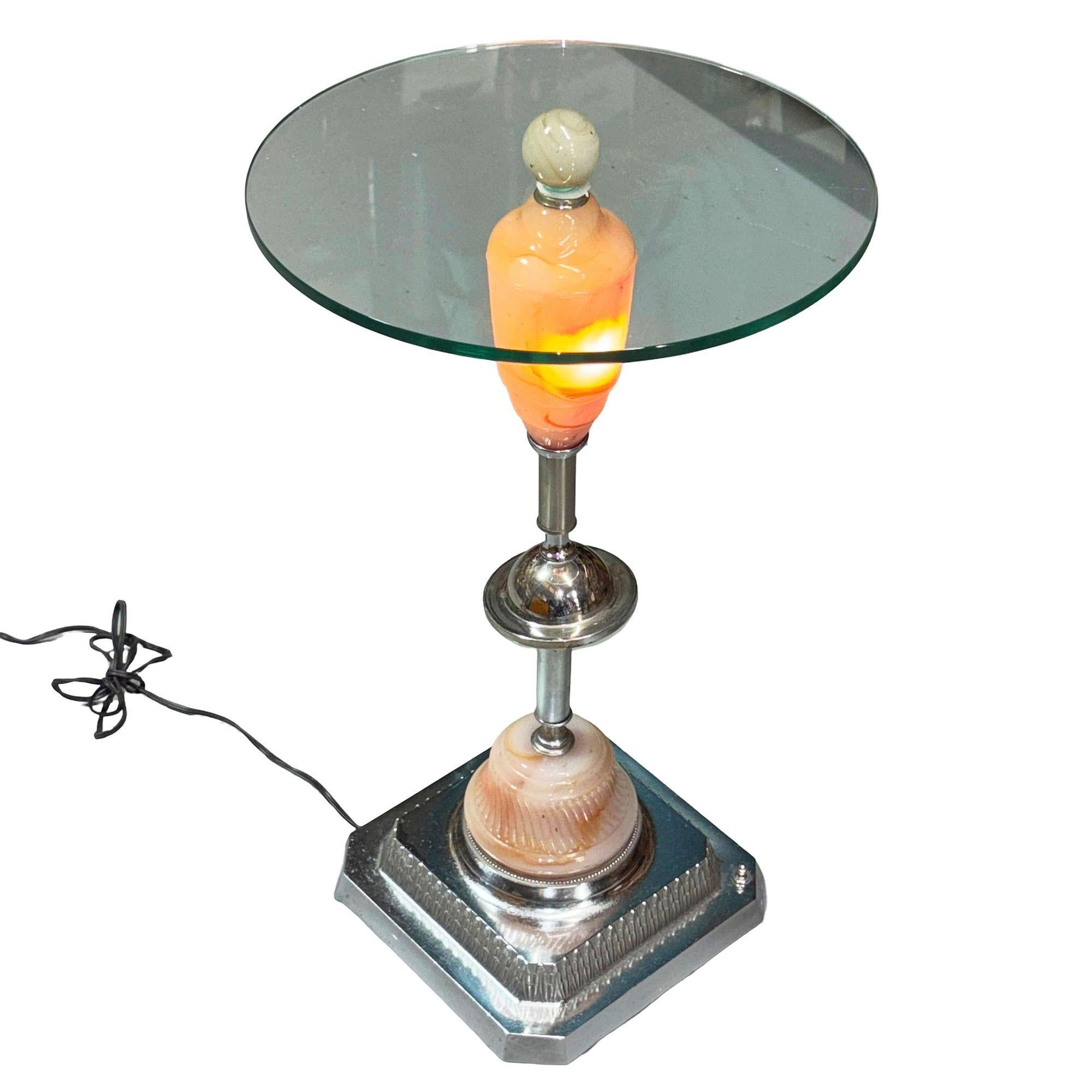 Light Up Chrome Streamline Art Deco Drink Side Glass Top Table w/ Art Glass Base For Sale 2