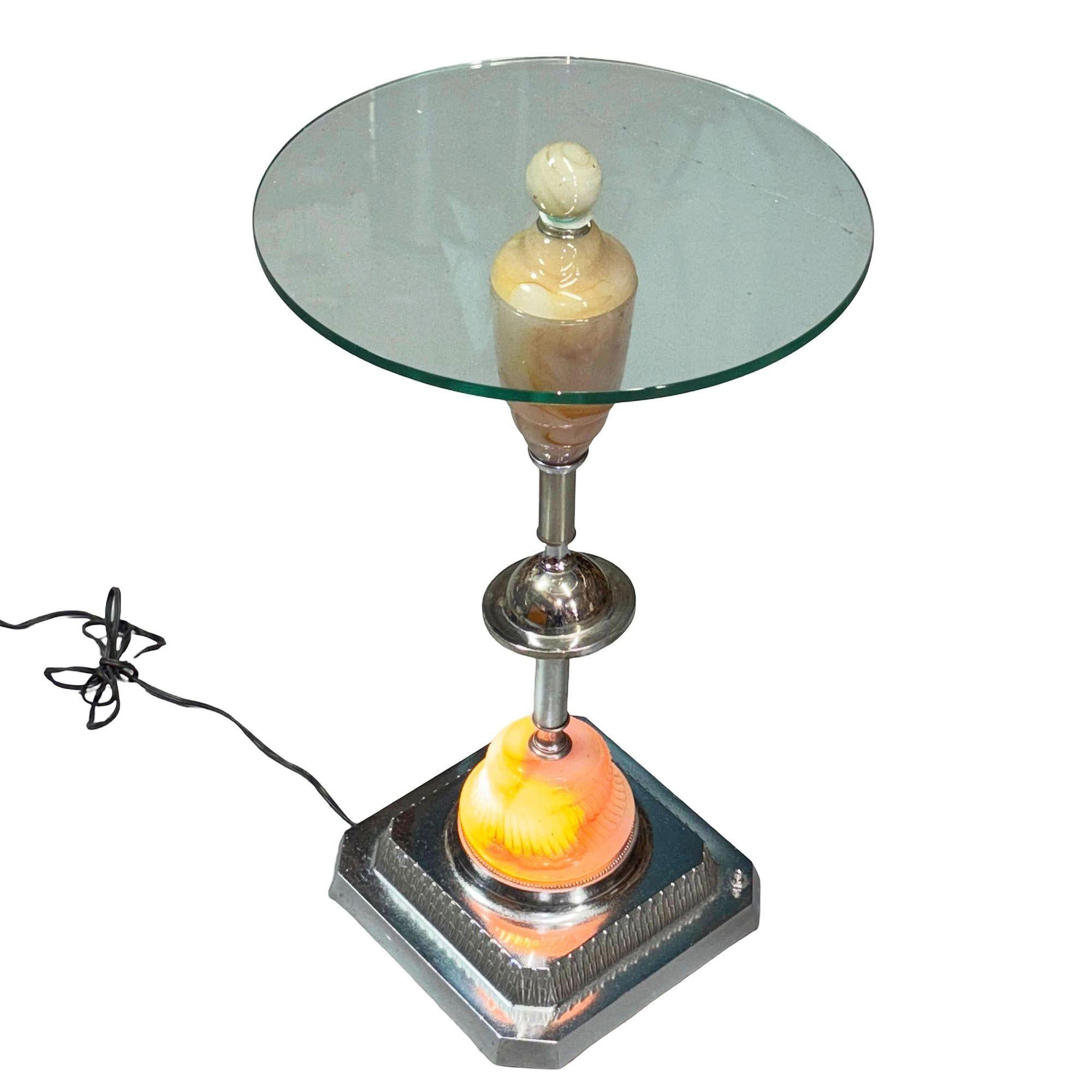 Light Up Chrome Streamline Art Deco Drink Side Glass Top Table w/ Art Glass Base For Sale 3