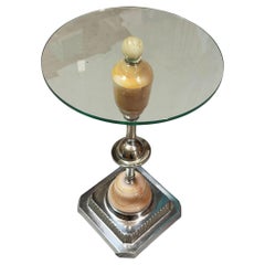 Light Up Chrome Streamline Art Deco Drink Side Glass Top Table w/ Art Glass Base