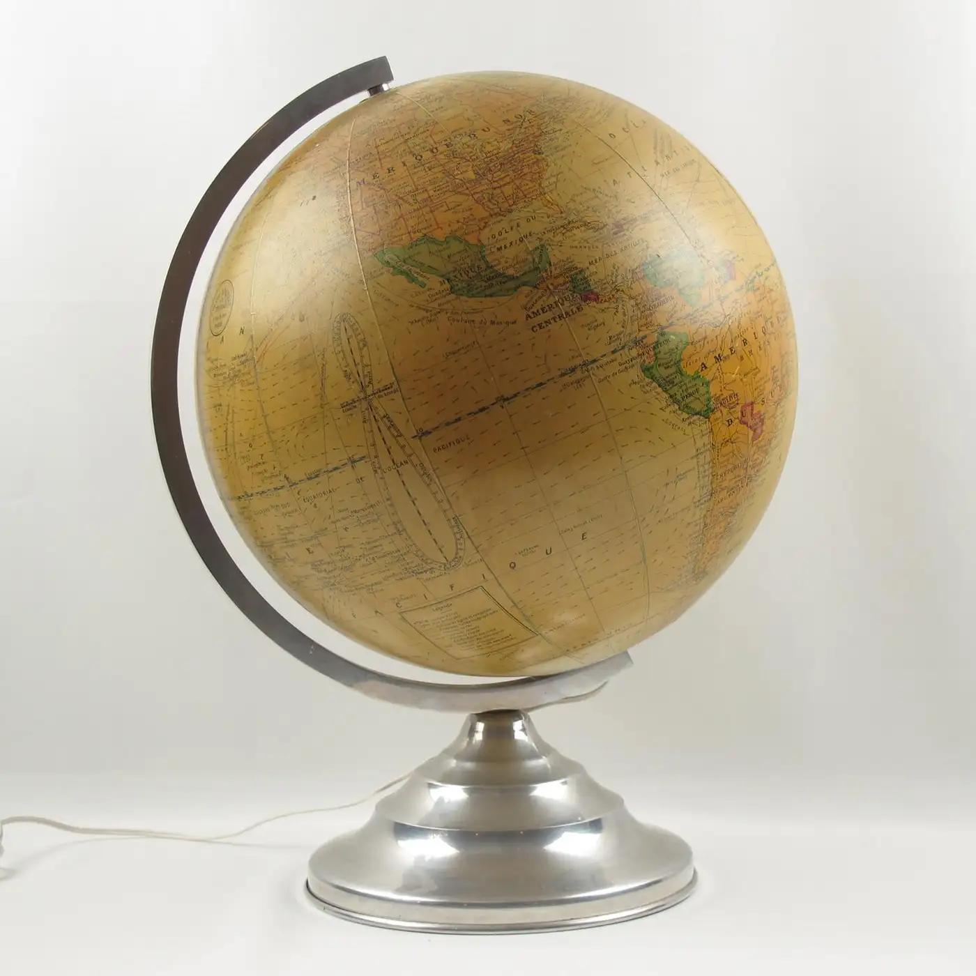 Light Up Library Glass Globe on Metal Base by Barrere and Thomas France, 1950s For Sale 4