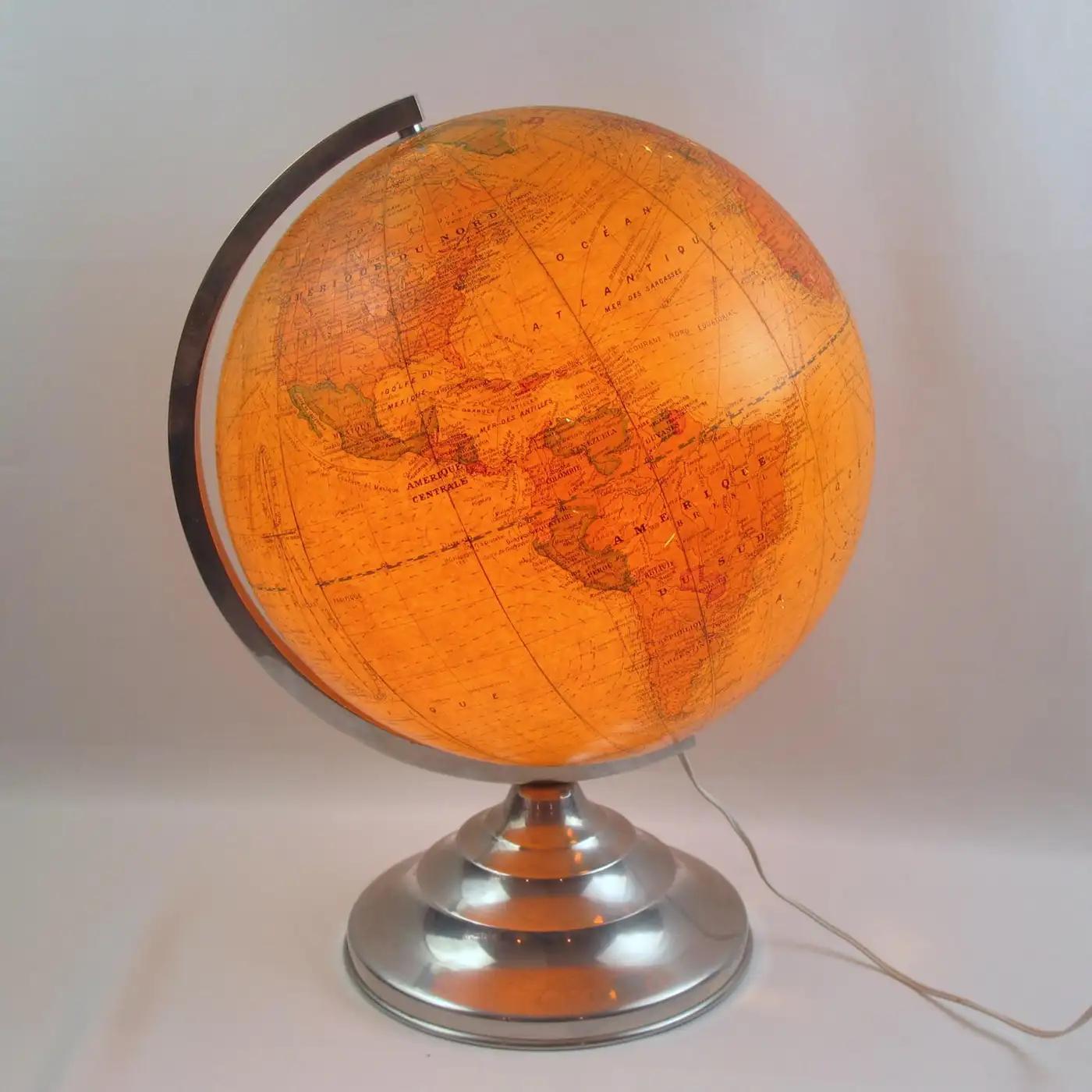 Art Deco Light Up Library Glass Globe on Metal Base by Barrere and Thomas France, 1950s For Sale