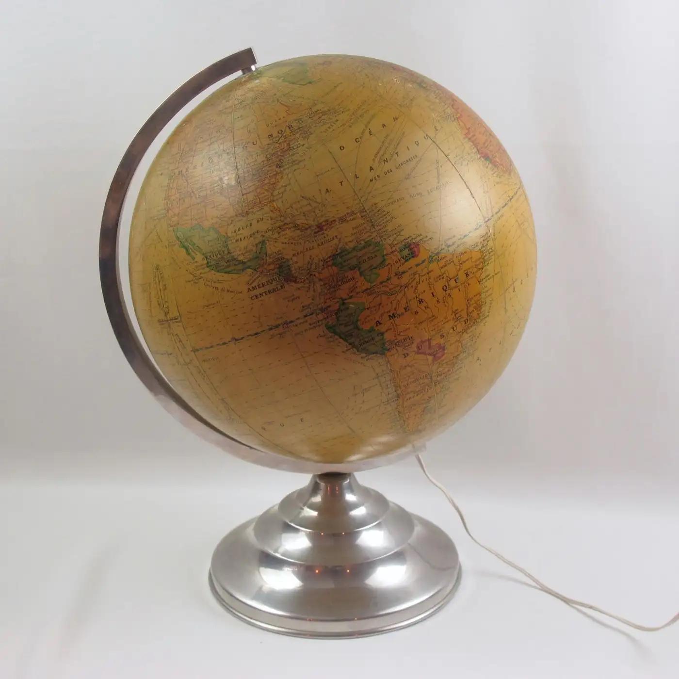 French Light Up Library Glass Globe on Metal Base by Barrere and Thomas France, 1950s For Sale