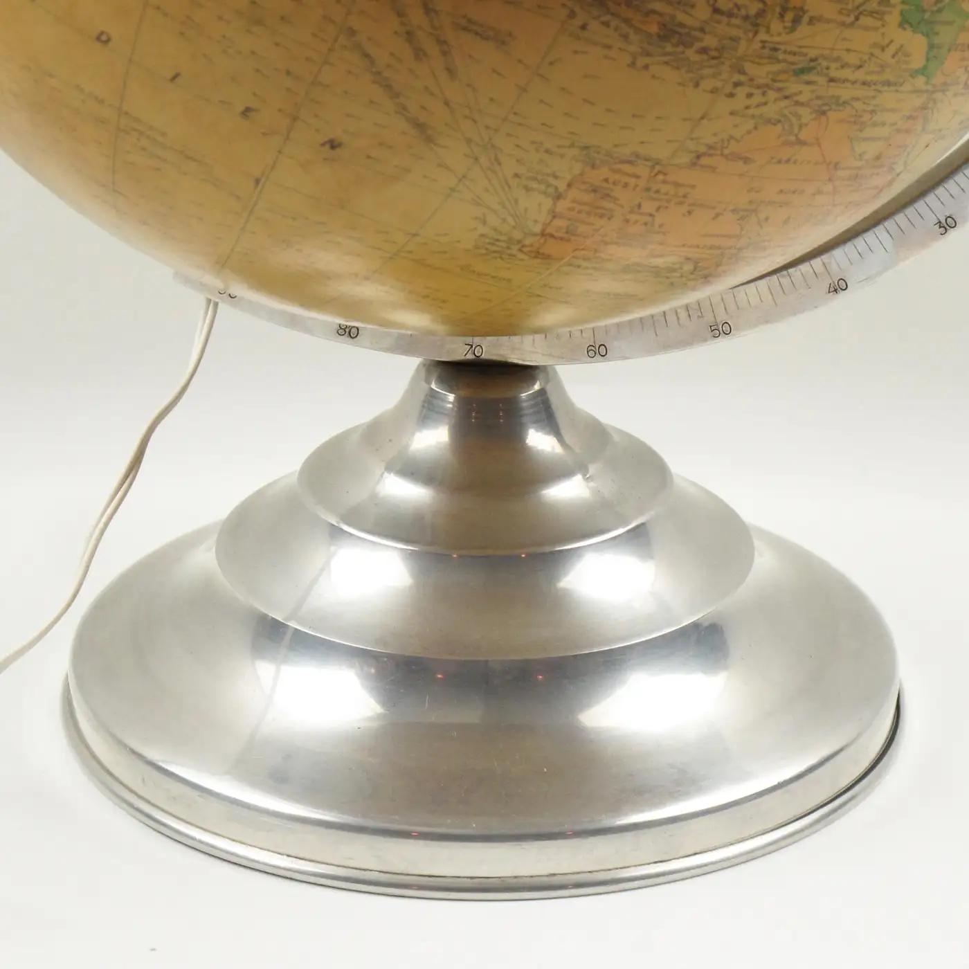 Light Up Library Glass Globe on Metal Base by Barrere and Thomas France, 1950s In Good Condition For Sale In Atlanta, GA