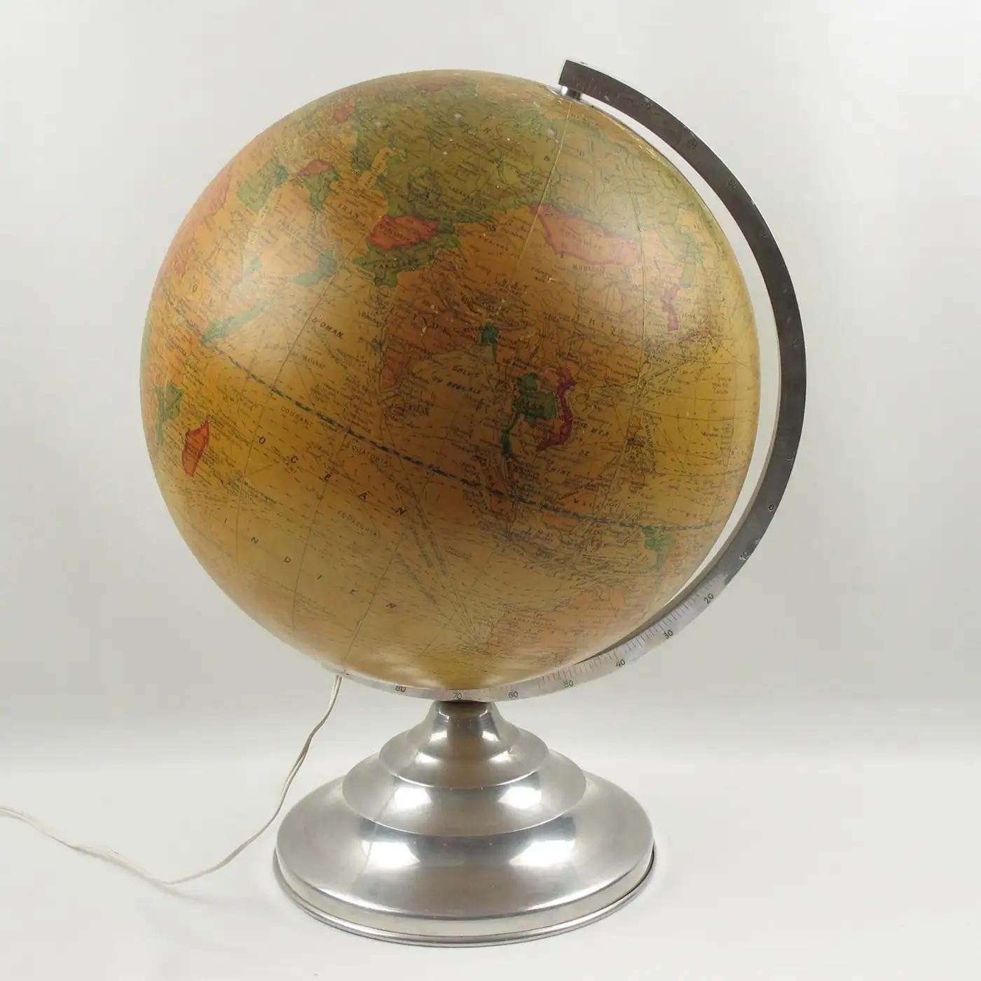 Light Up Library Glass Globe on Metal Base by Barrere and Thomas France, 1950s For Sale 3