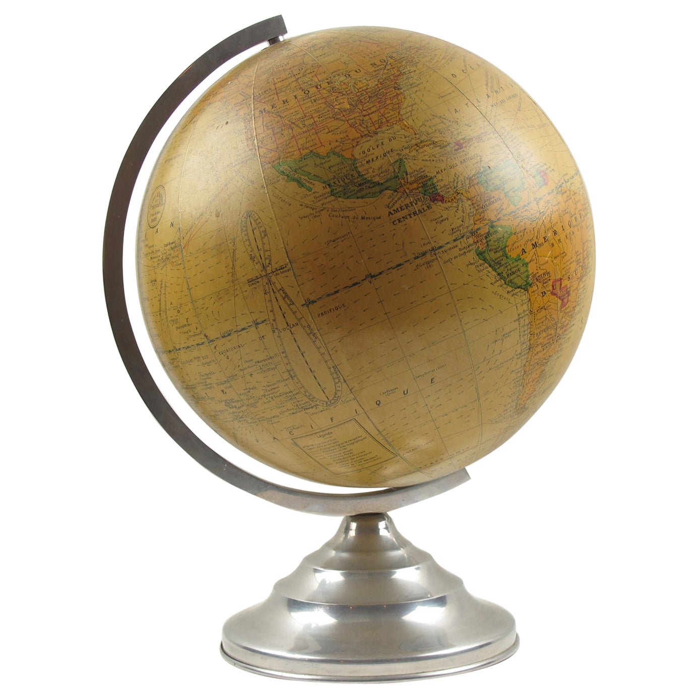 Light Up Library Glass Globe on Metal Base by Barrere and Thomas France, 1950s