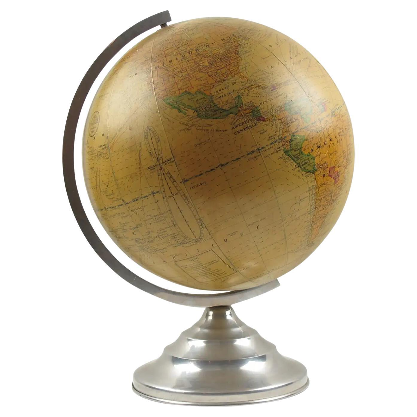 Light Up Library Glass Globe on Metal Base by Barrere and Thomas France, 1950s For Sale