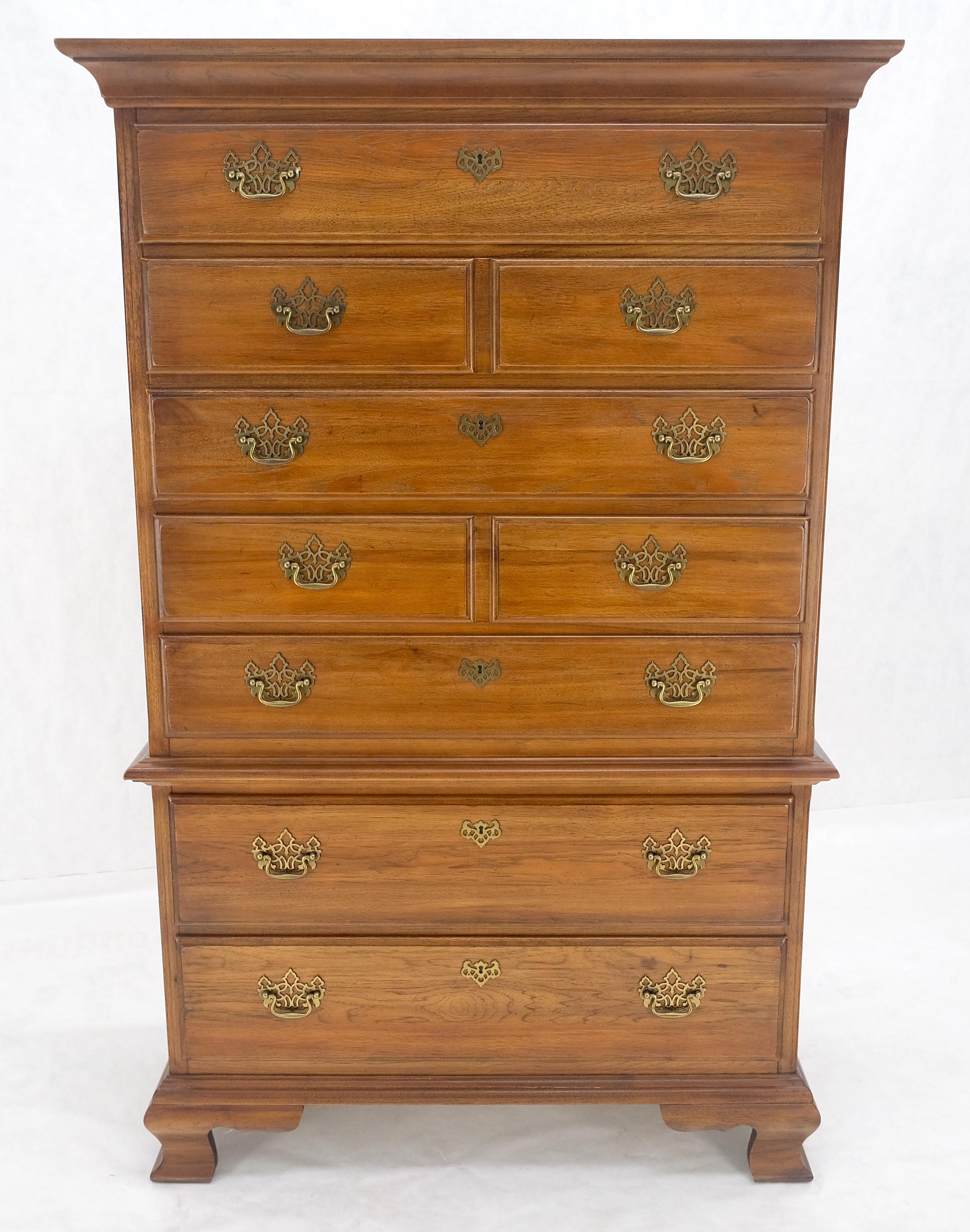 Lacquered Light Walnut Chest on Chest Dresser High Boy Brass Pulls by Thomasville MINT! For Sale