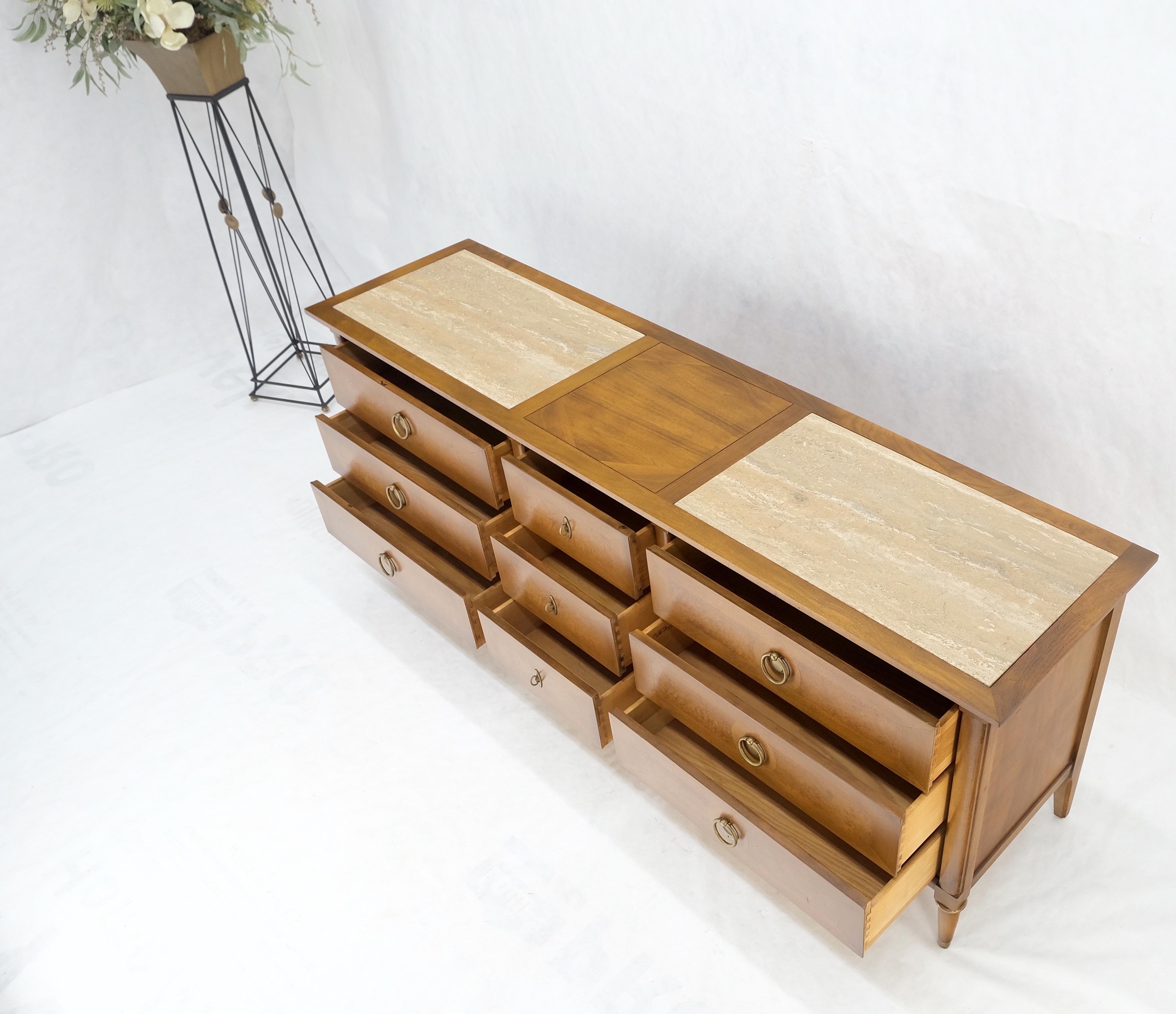 Brass Light Walnut Long Travertine Top 9 Drawers Dresser Credenza Drop Ring Pulls MINT For Sale