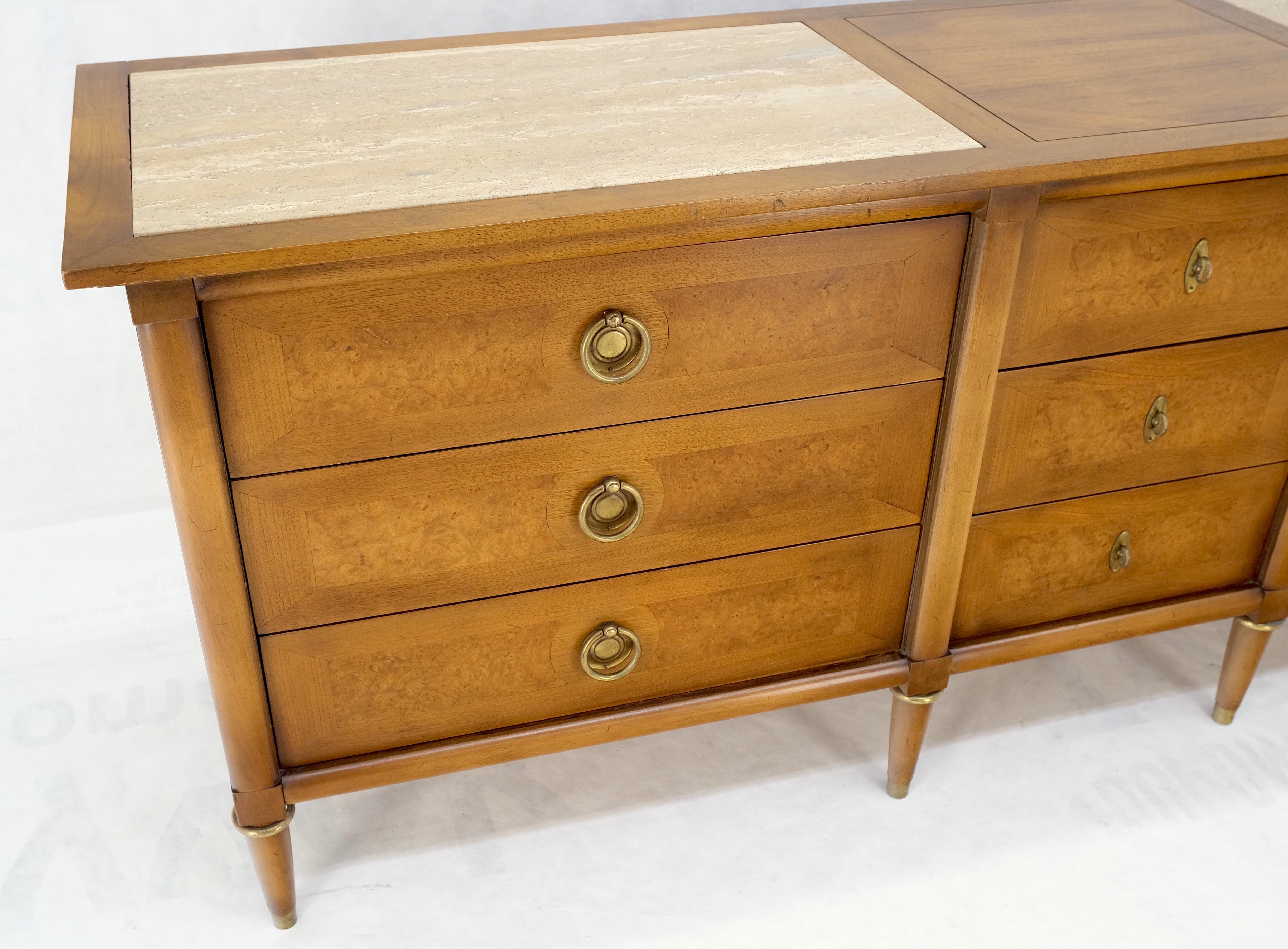 Light Walnut Long Travertine Top 9 Drawers Dresser Credenza Drop Ring Pulls MINT For Sale 1