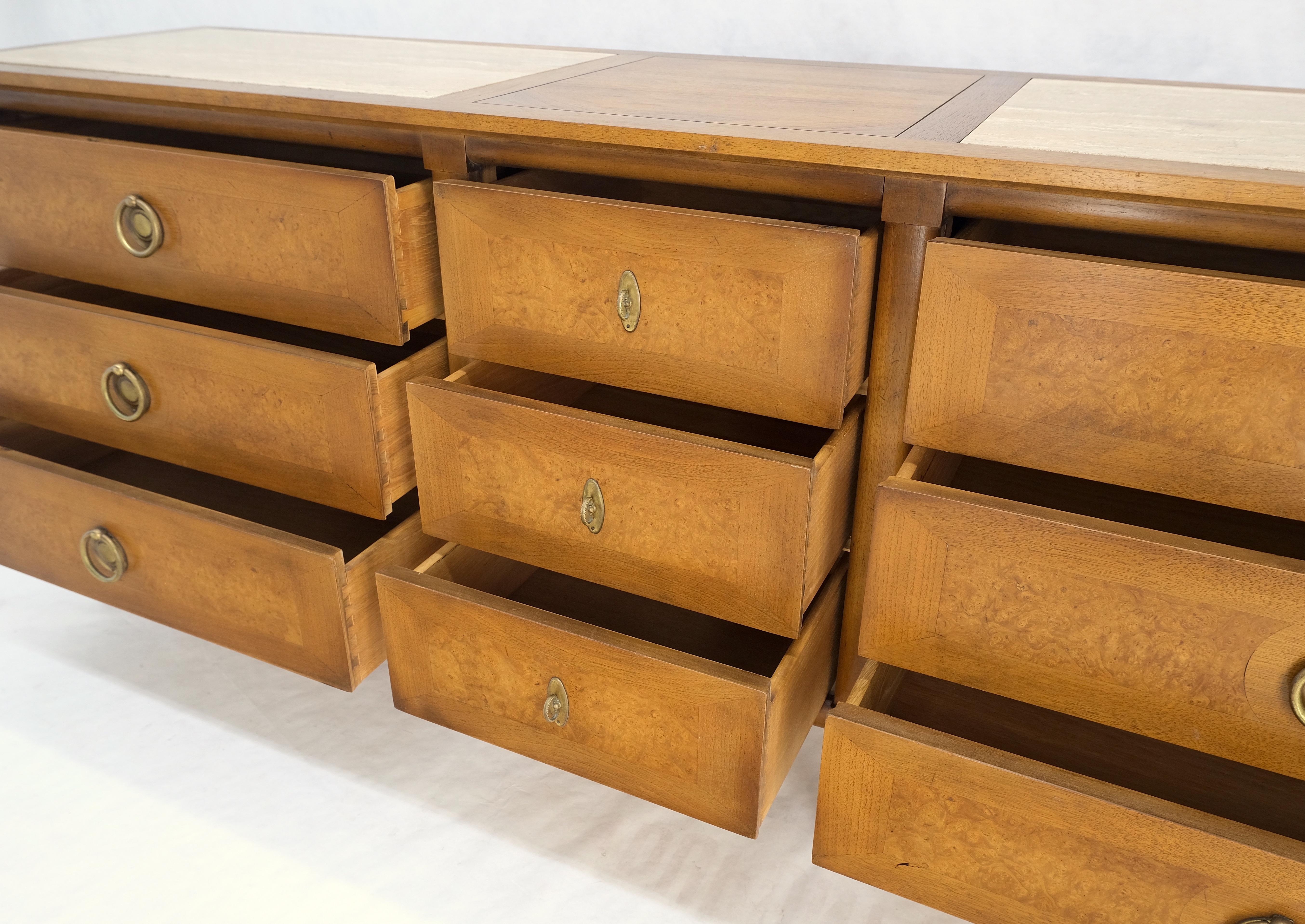 Mid-Century Modern Light Walnut Long Travertine Top 9 Drawers Dresser Credenza Drop Ring Pulls MINT For Sale