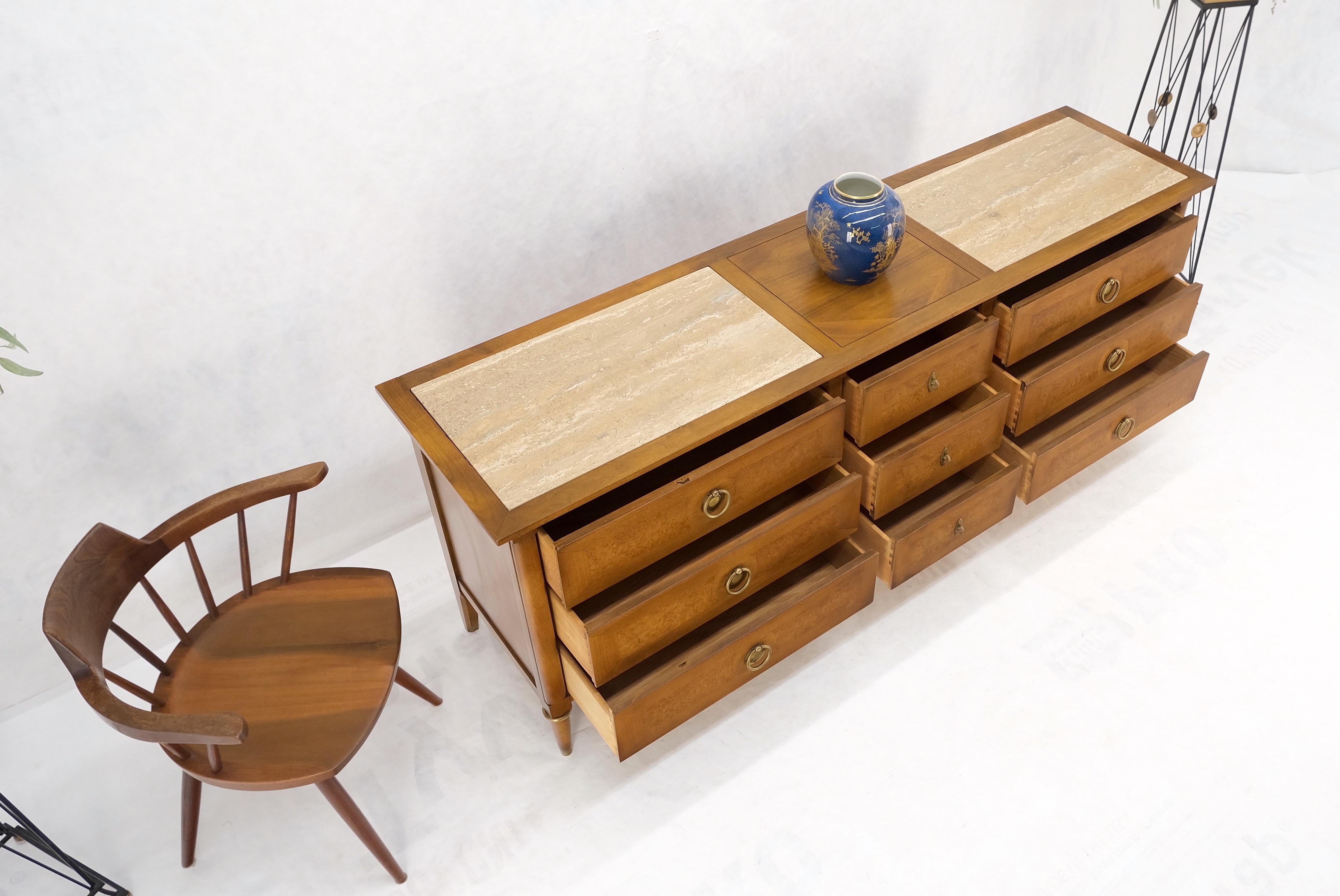 Light Walnut Long Travertine Top 9 Drawers Dresser Credenza Drop Ring Pulls MINT In Good Condition For Sale In Rockaway, NJ