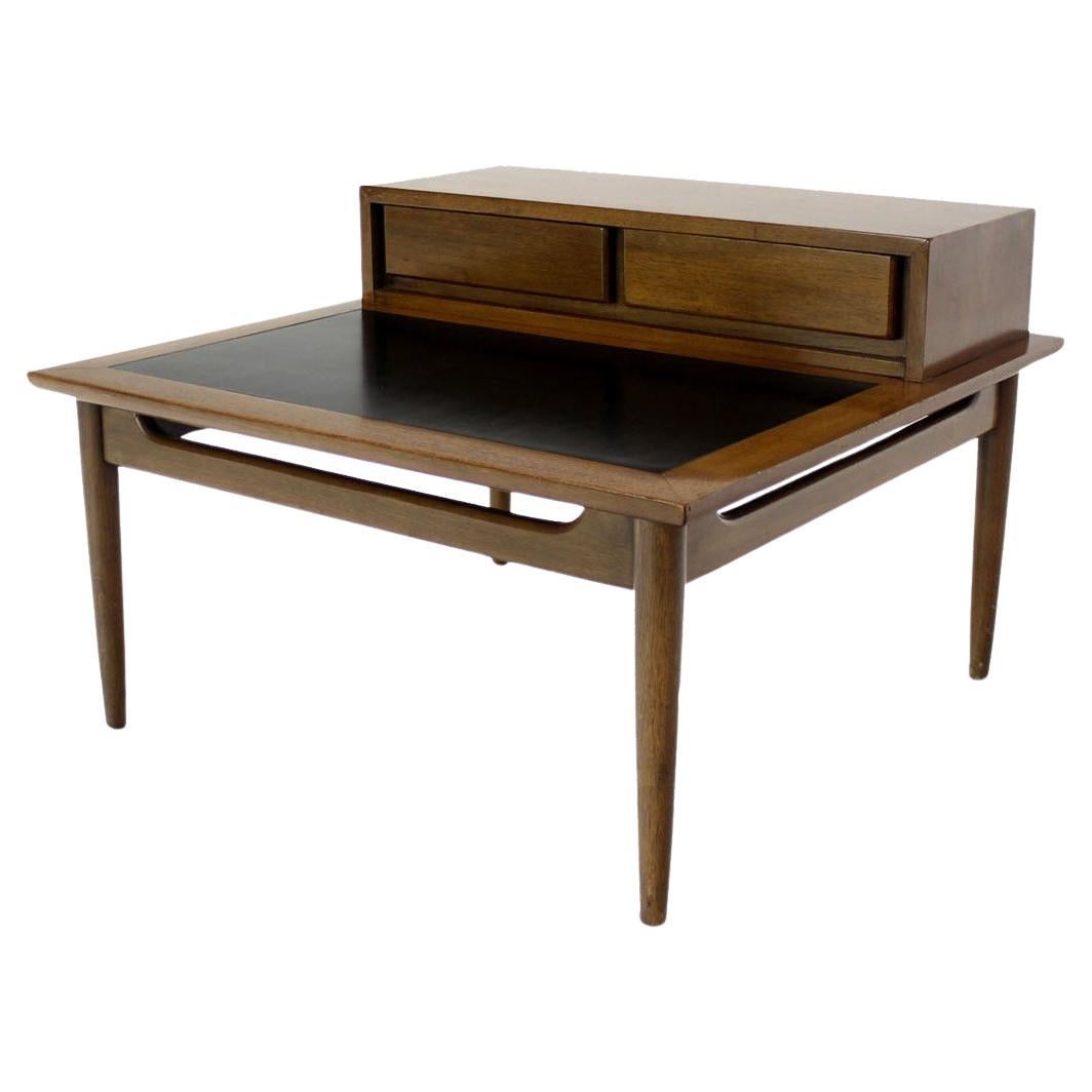 Light Walnut Oversize 32" Wide Two Drawers Dowel Leg Step End Coffee Table MINT! For Sale