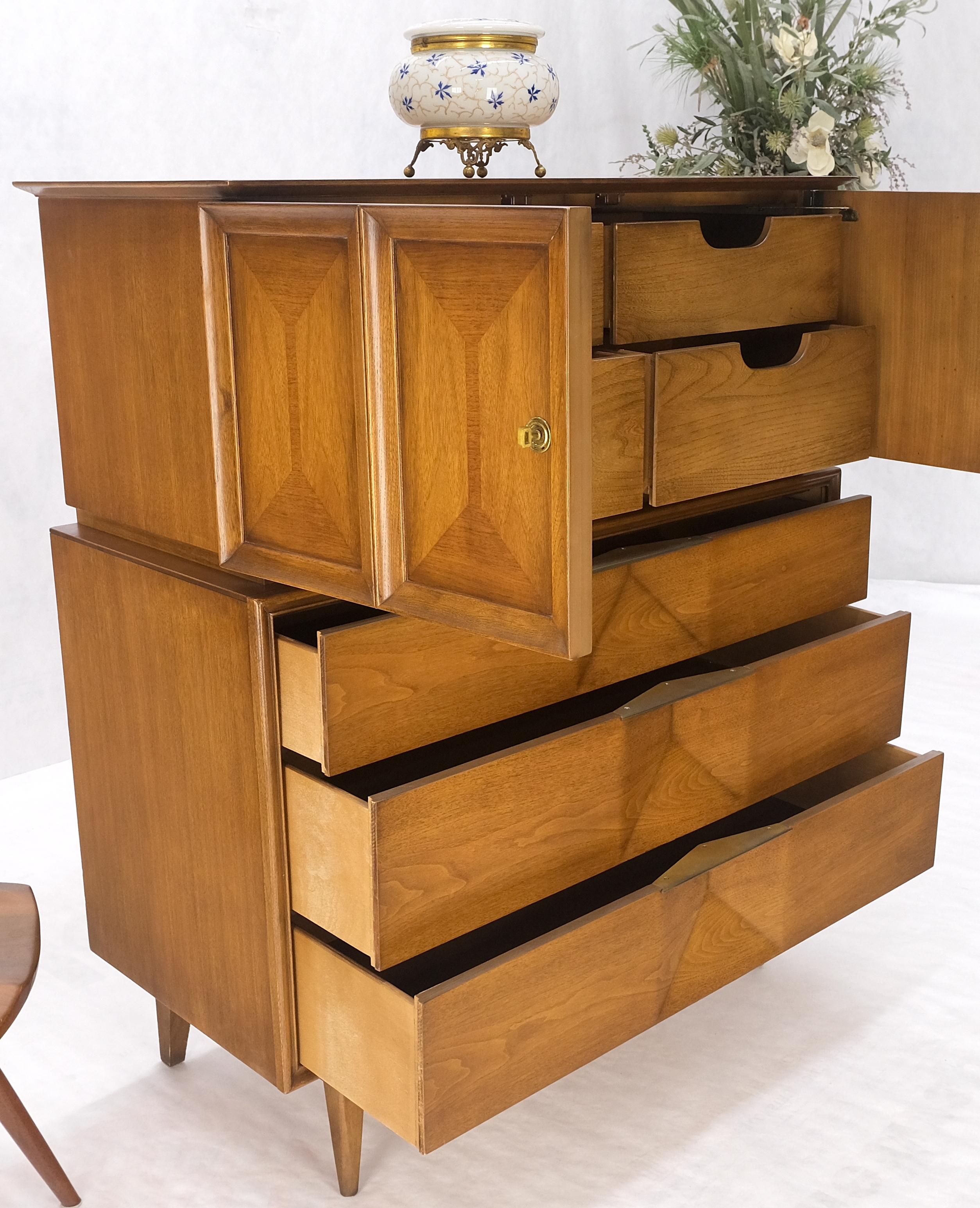 20th Century Light Walnut Sculptural Drawer Fronts Double Door Compartment High Chest Dresser For Sale