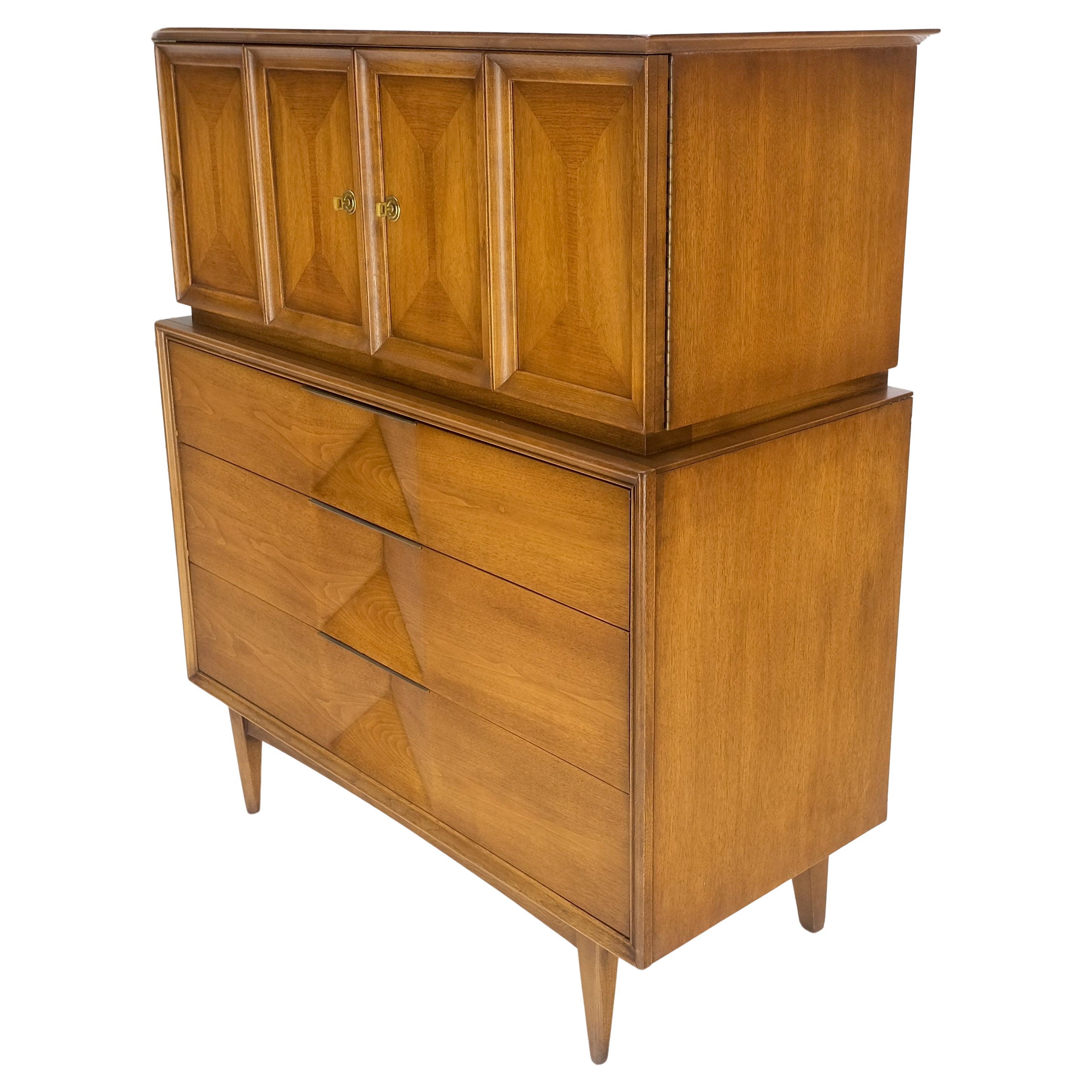 Light Walnut Sculptural Drawer Fronts Double Door Compartment High Chest Dresser For Sale