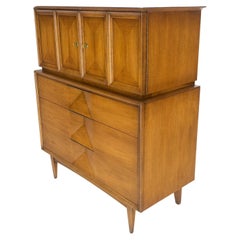 Used Light Walnut Sculptural Drawer Fronts Double Door Compartment High Chest Dresser