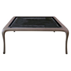 Light-Walnut Square Coffee Table with Glass Top