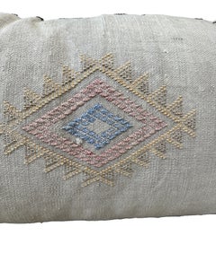 Light-wash Denim 35"L Moroccan Accent Pillow with Orange & Blue Diamond Design