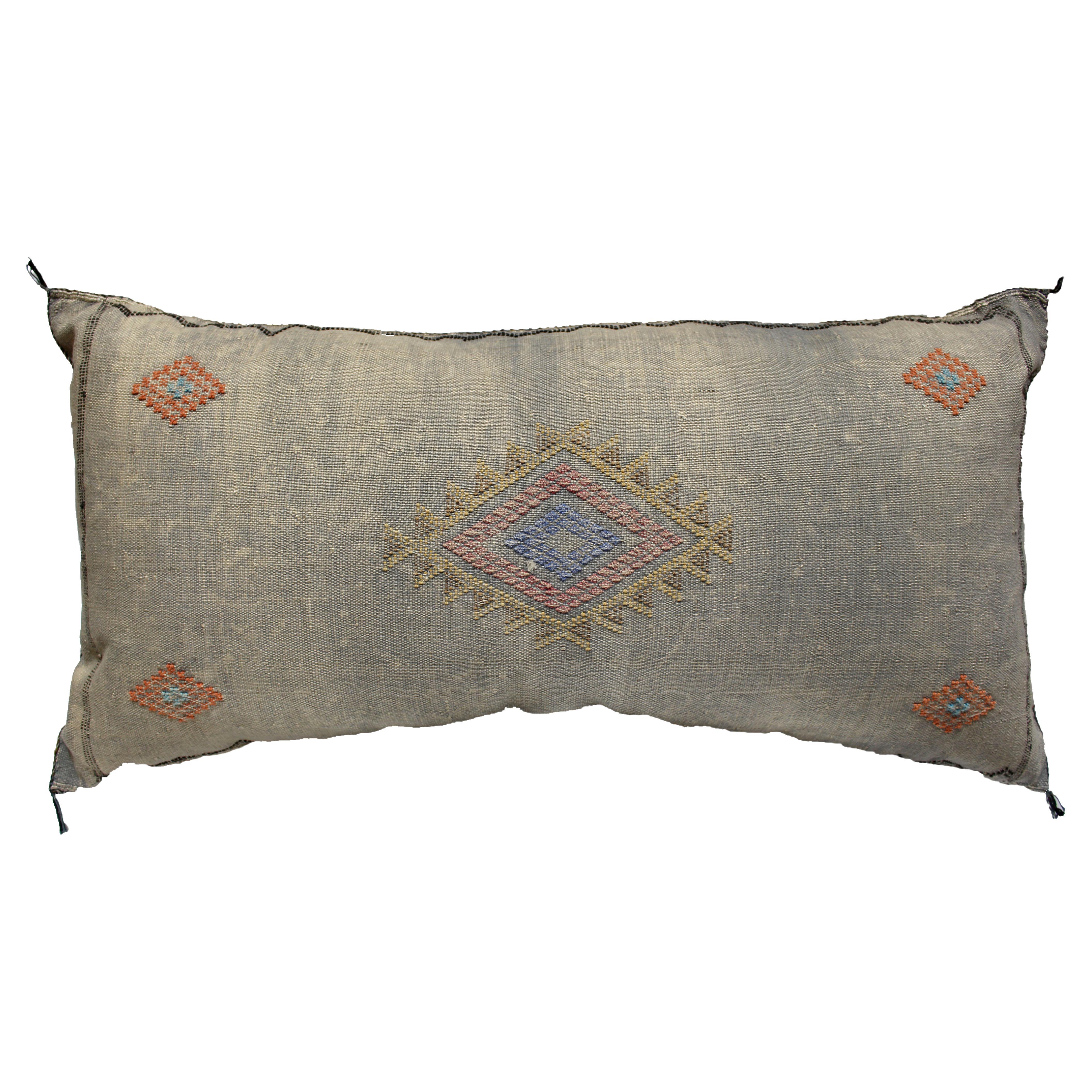 Light-wash Denim 35"L Moroccan Accent Pillow with Orange & Blue Diamond Design For Sale