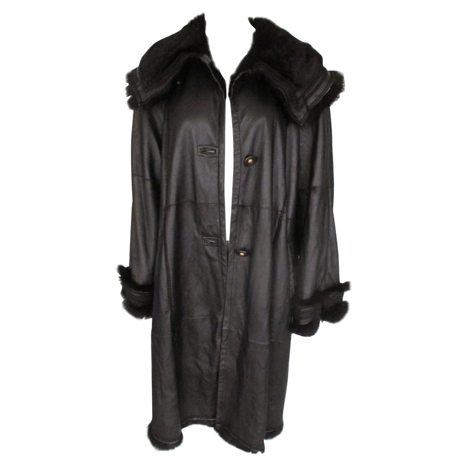 Light Weight Metallic Brown Leather Fur Swing Coat For Sale