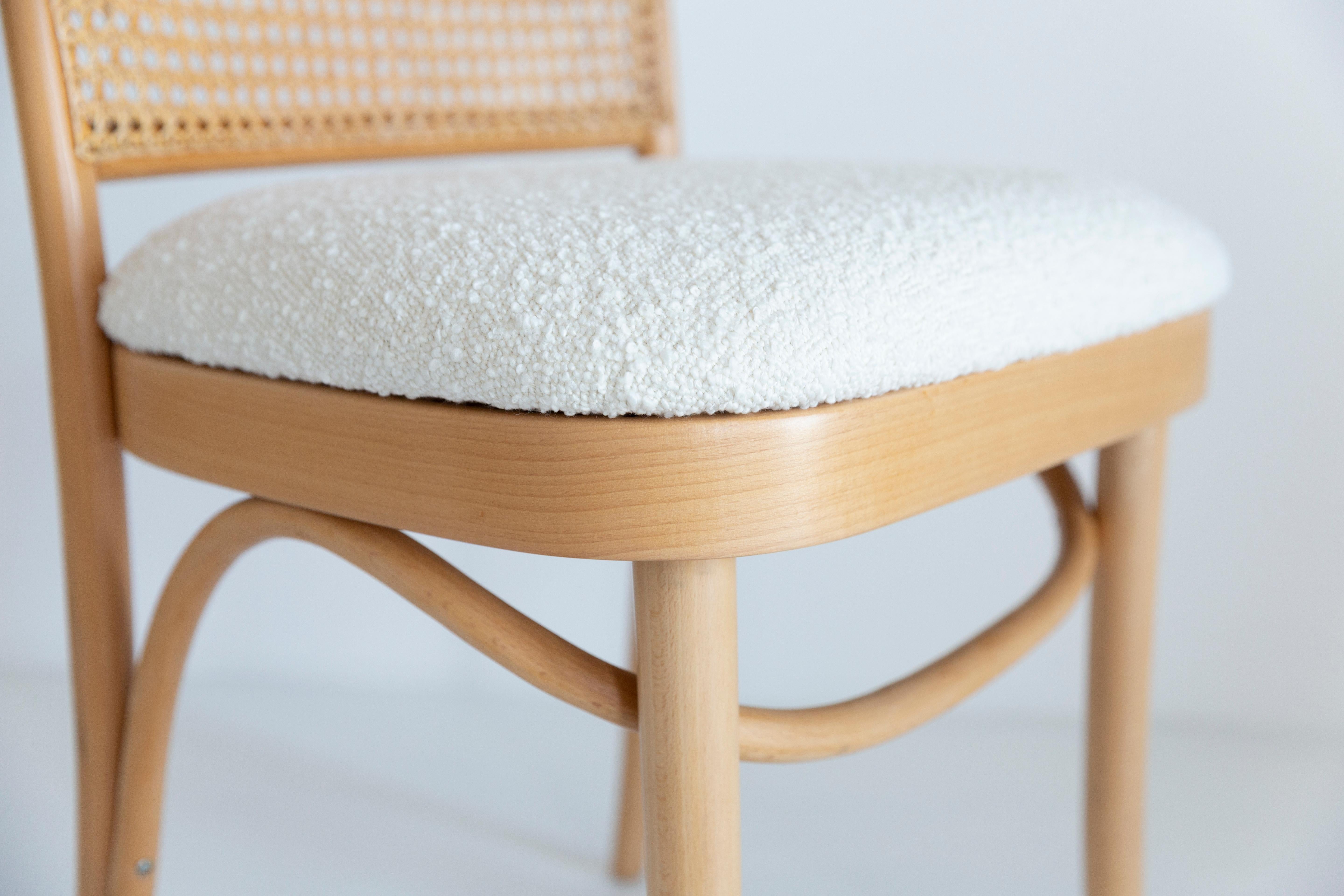 Velvet Light White Boucle Thonet Wood Rattan Chair, 1960s For Sale