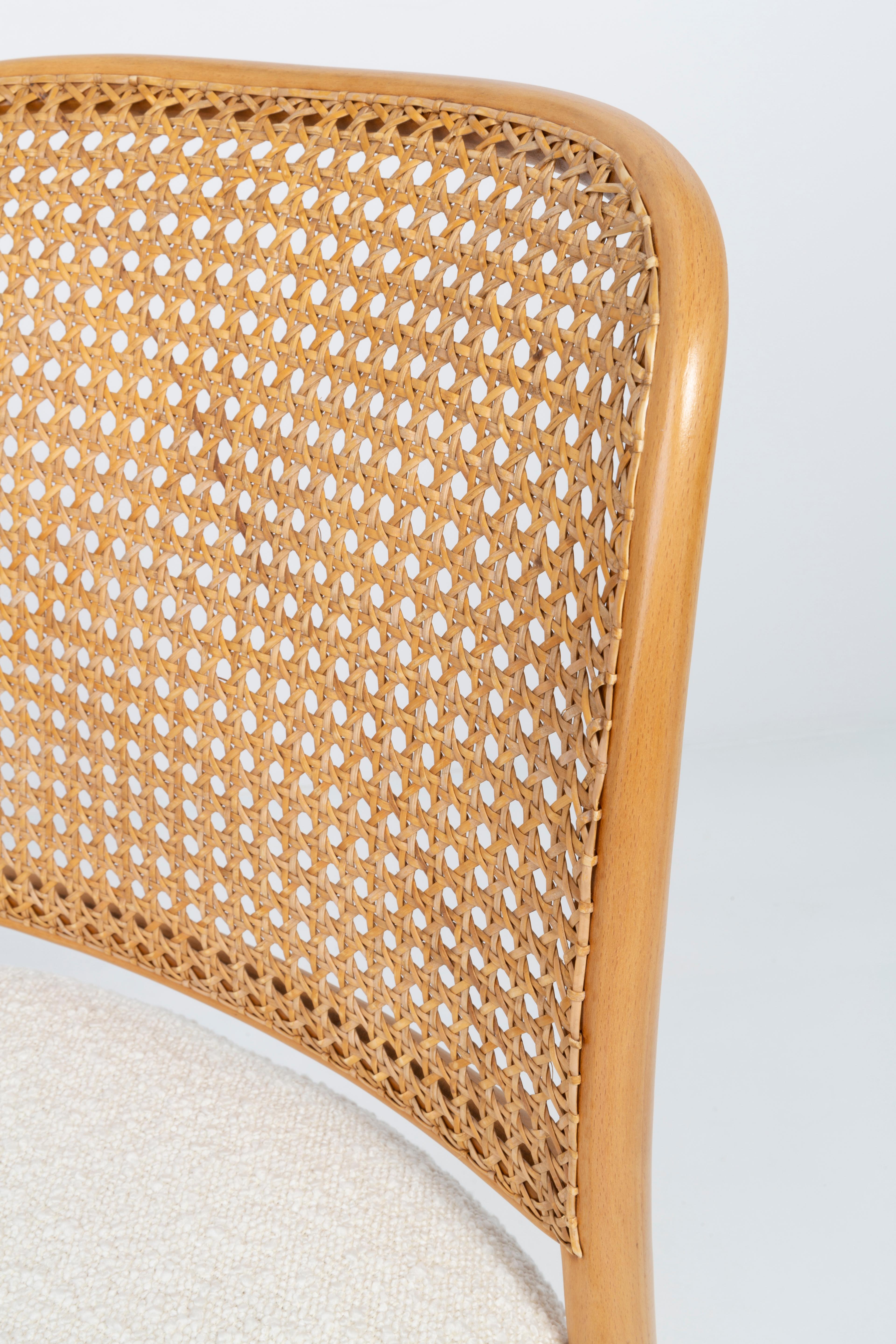 Mid-Century Modern Light White Boucle Thonet Wood Rattan Chair, 1960s For Sale