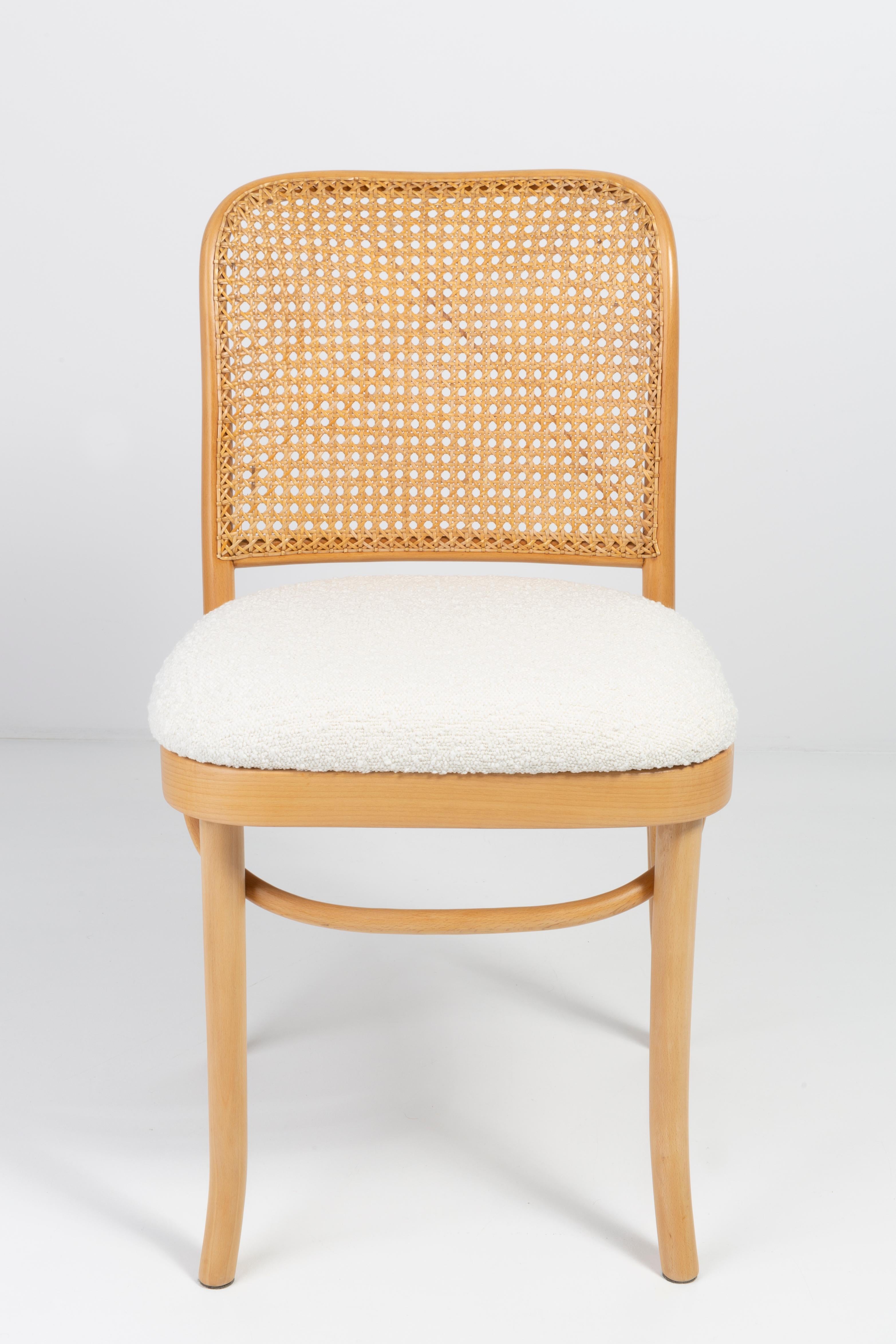 Polish Light White Boucle Thonet Wood Rattan Chair, 1960s For Sale