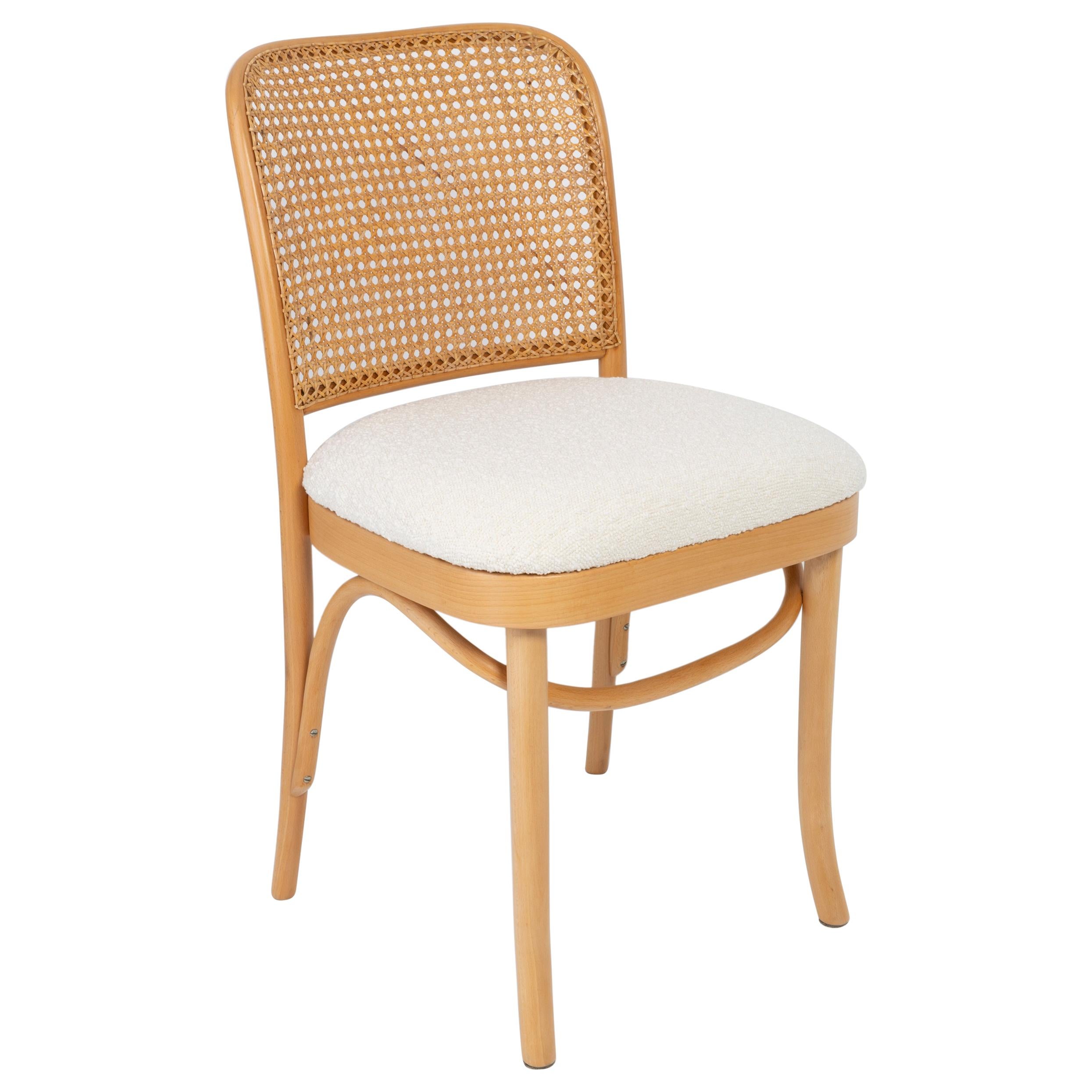 Light White Boucle Thonet Wood Rattan Chair, 1960s