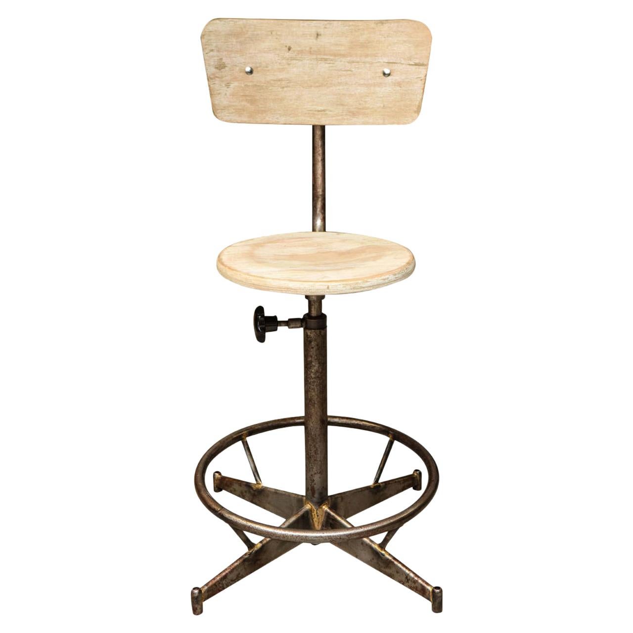 Antique Industrial Light Wood and Metal Adjustable Swivel High Chair