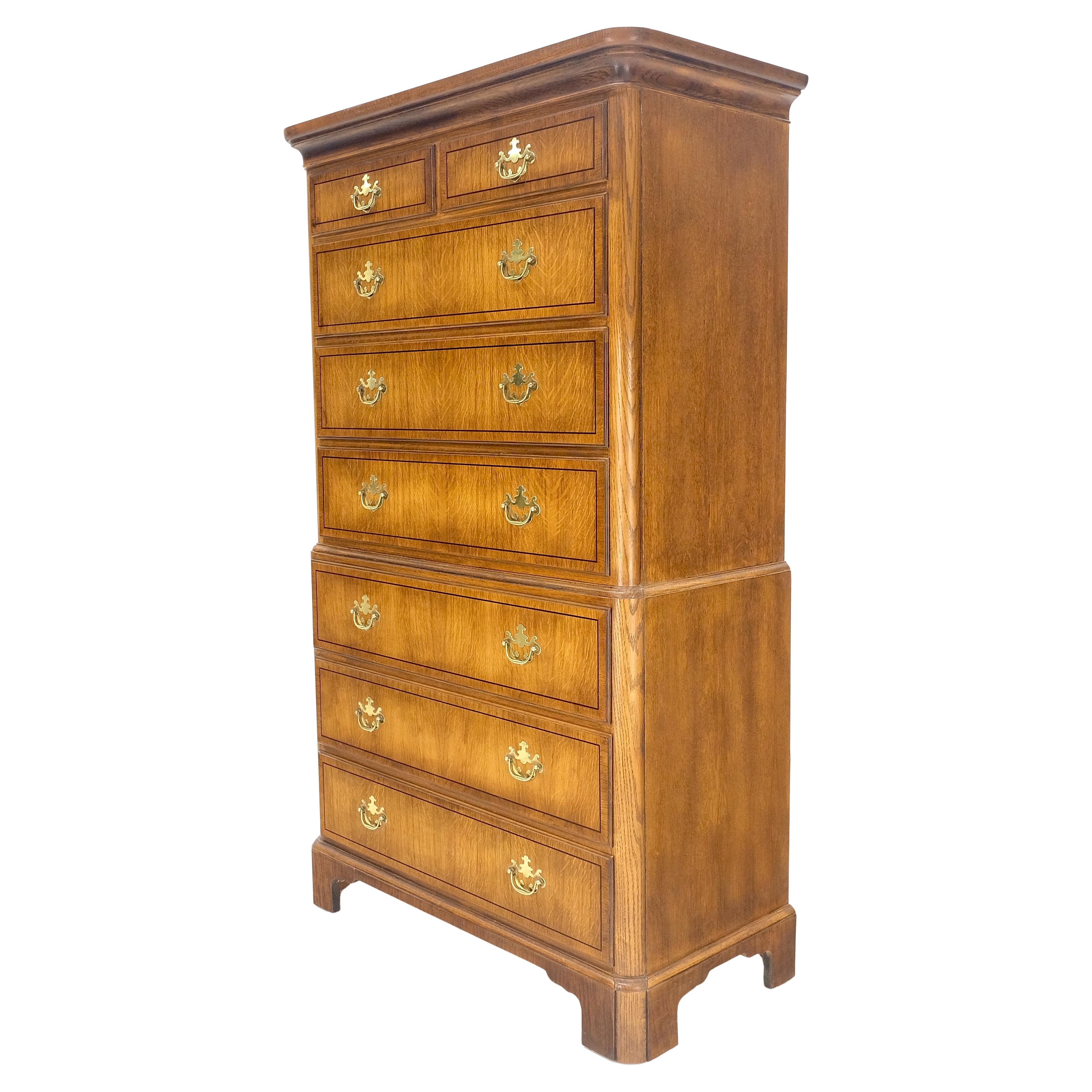 Light Wood Baker 8 Drawers 67" Tall Highboy Dresser Chest Solid Brass Pulls MINT