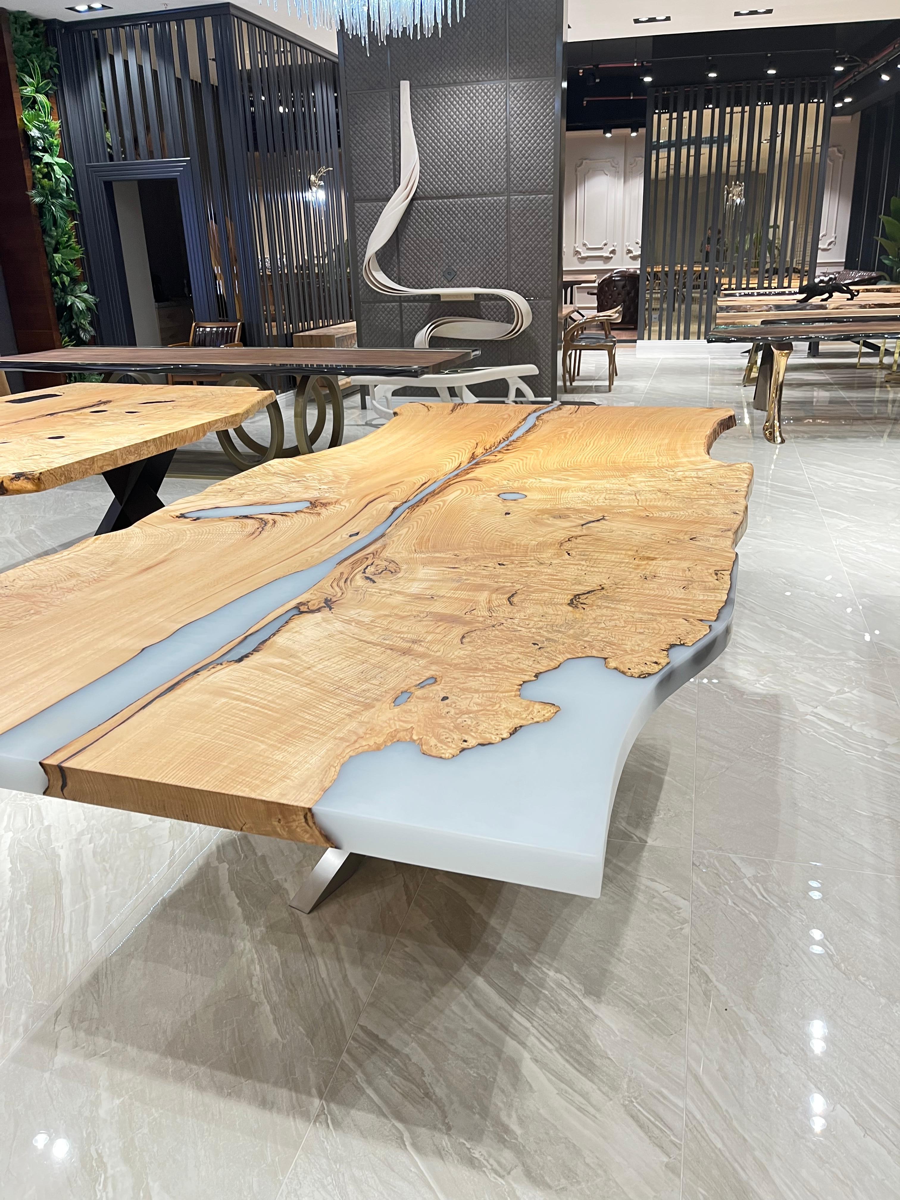 Hand-Carved Light Wood Epoxy Resin Conference Table For Sale