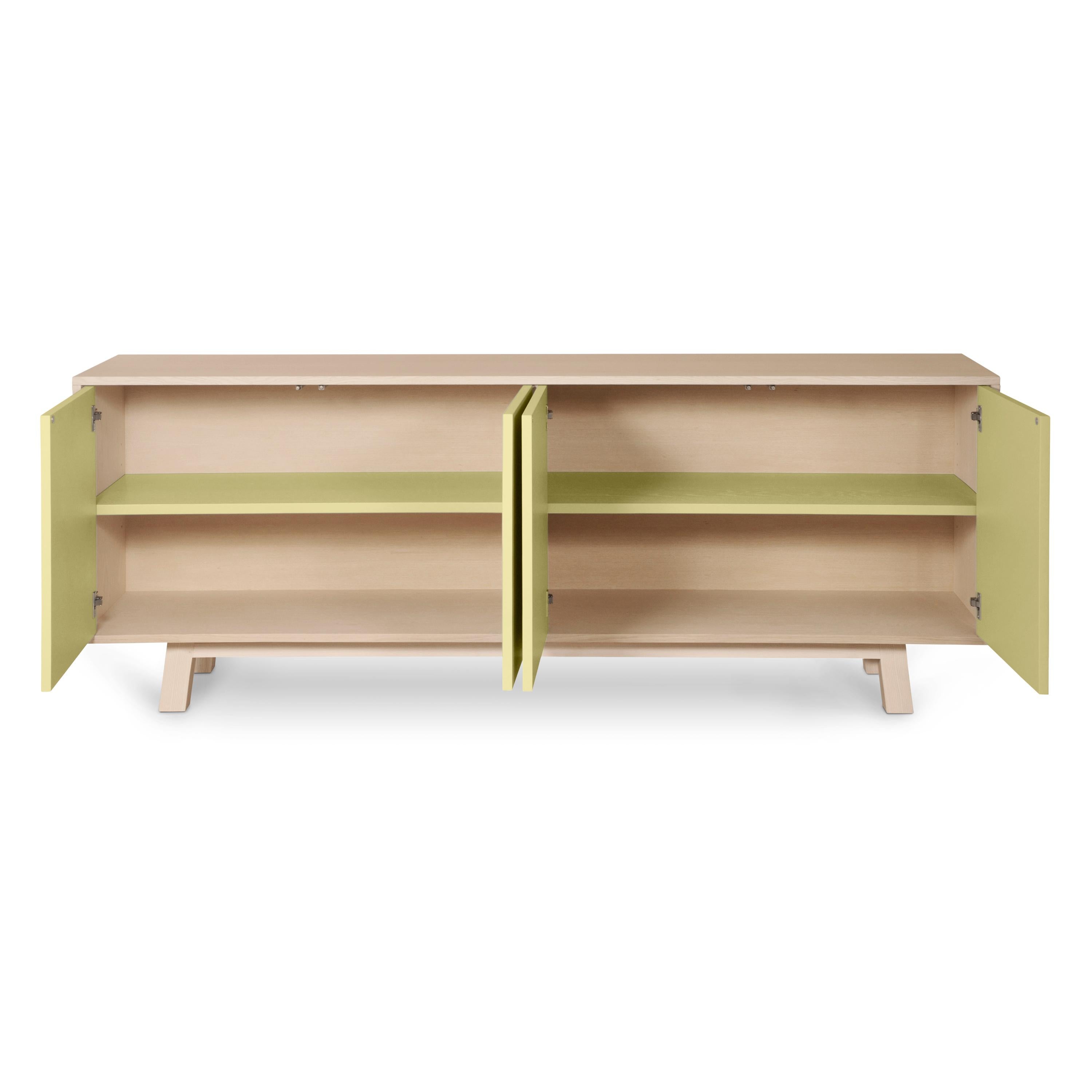 Lacquered Light Yellow 4-Door Low Sideboard in Ash Wood, Design Eric Gizard, Paris For Sale