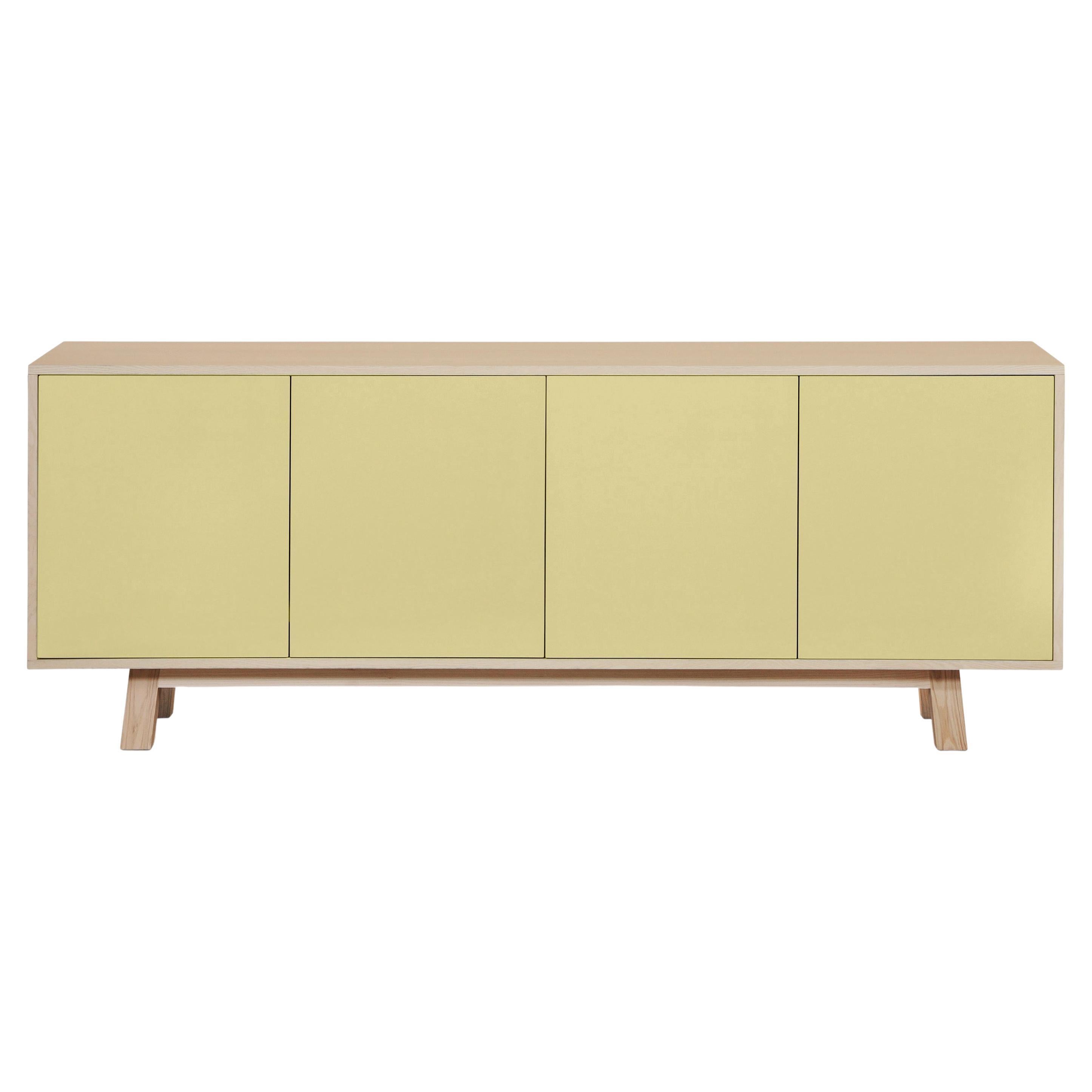 Light Yellow 4-Door Low Sideboard in Ash Wood, Design Eric Gizard, Paris For Sale