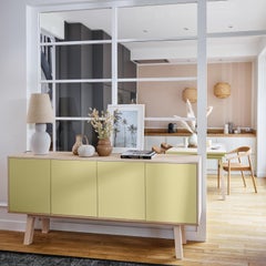 Light Yellow 4-Door Wooden Sideboard KUBE, Designed in Paris - made in France