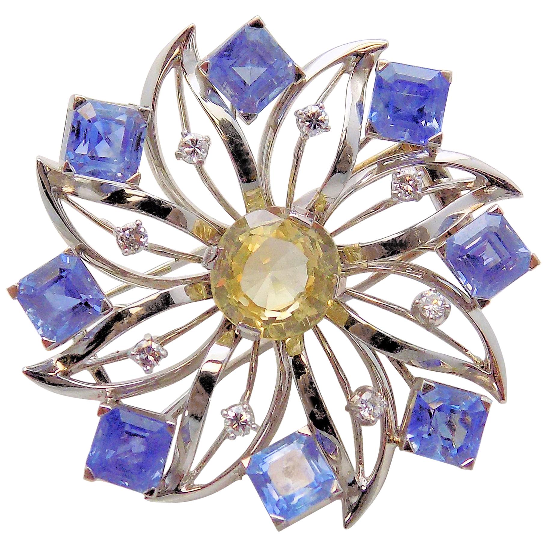 Light Yellow and Lavender-Blue Sapphire and Diamond Brooch/Fur Clip For Sale