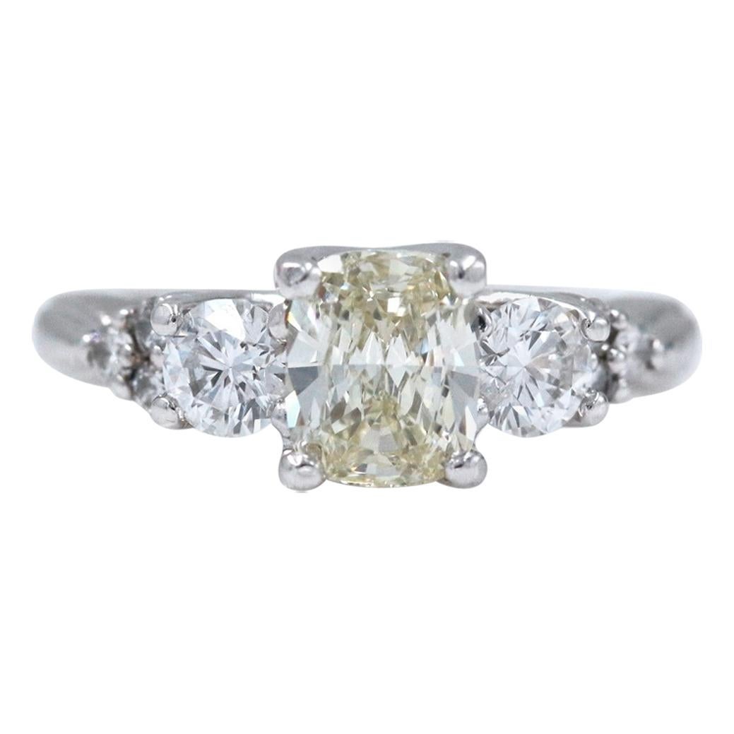 Light Yellow Cushion Diamond Engagement Ring 1.51 Carat 14 Karat White Gold For Sale