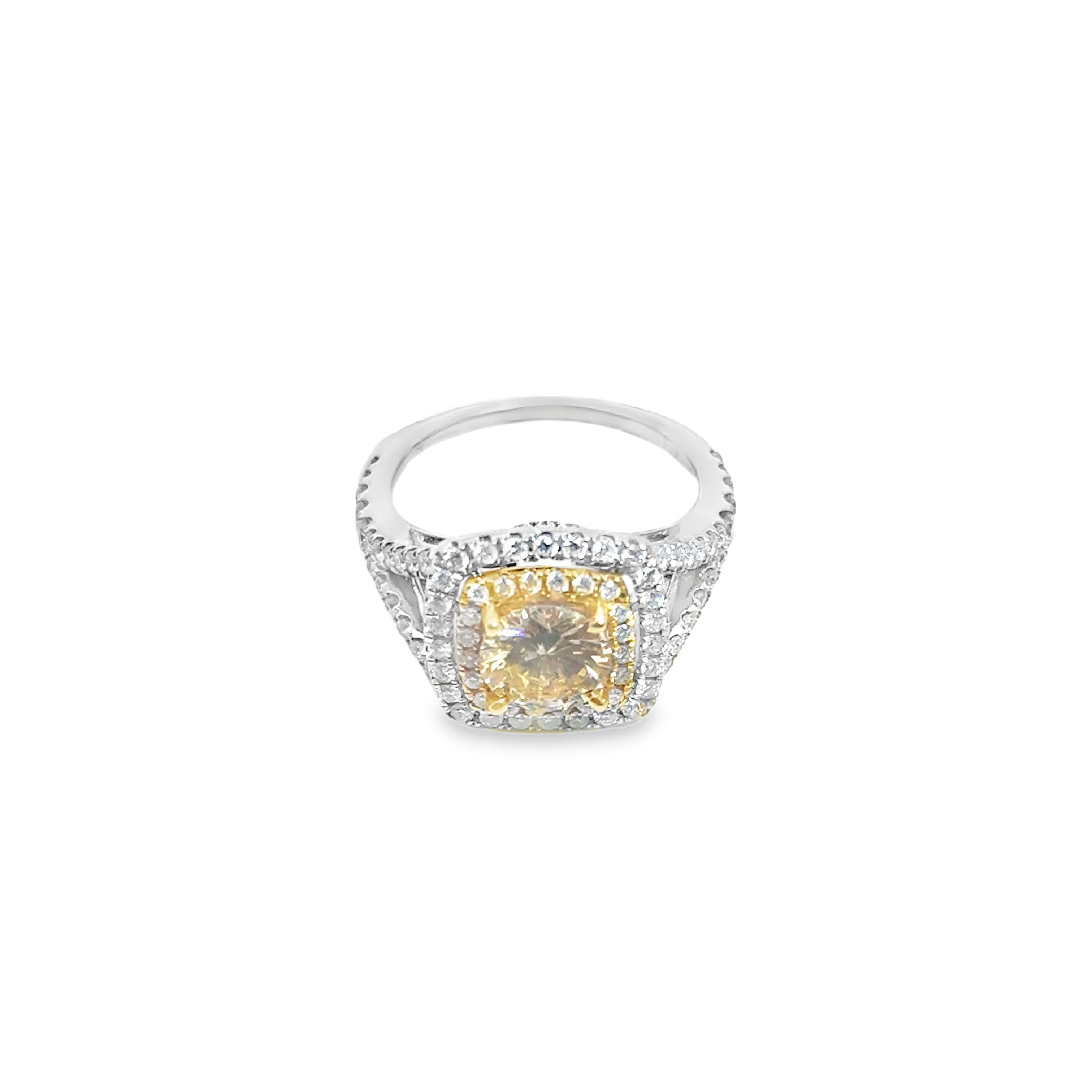 Contemporary Light Yellow Diamond Double Halo Engagement Ring For Sale