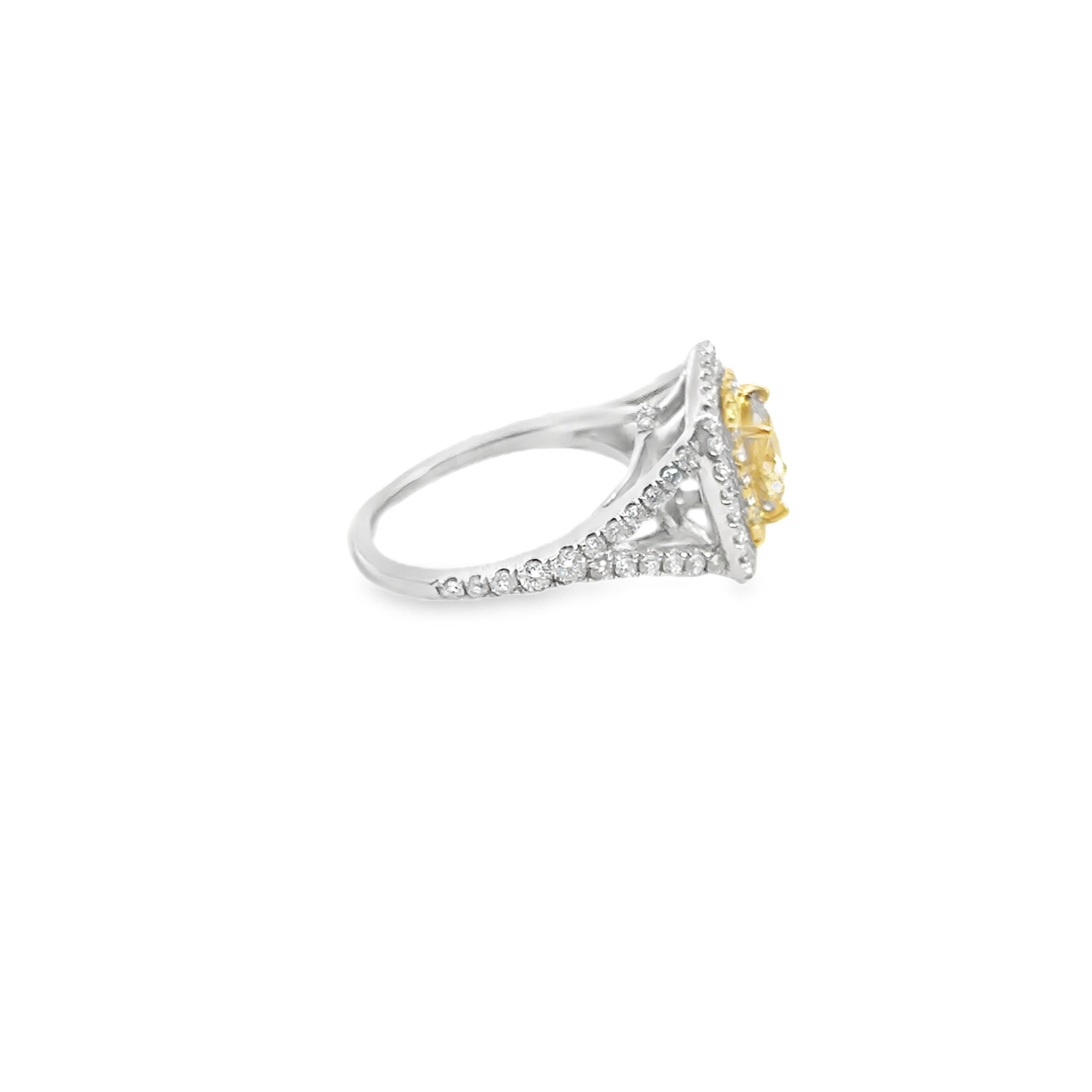 Round Cut Light Yellow Diamond Double Halo Engagement Ring For Sale