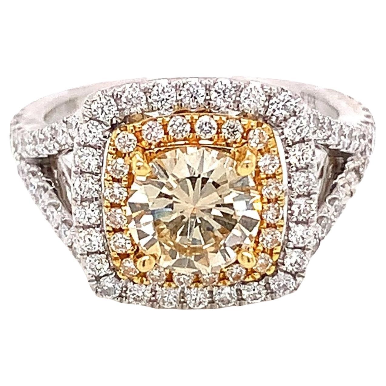 Light Yellow Diamond Double Halo Engagement Ring For Sale