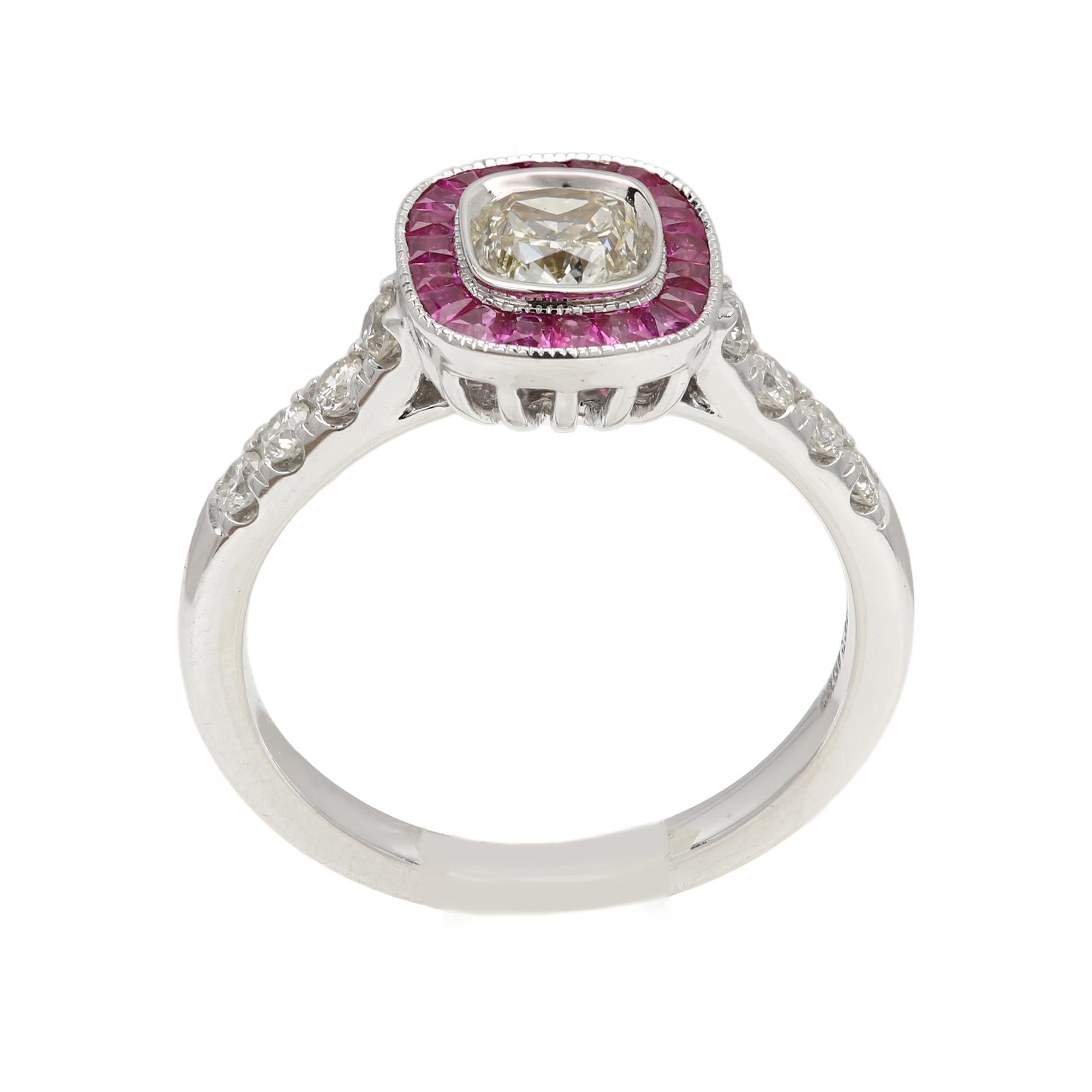 Art Deco Style 
Very Bold statement ring
Center is natural Light Yellow Diamond surrounded with Red Ruby. 
all around sides have natural white Diamonds
All stones are Natural
18k White Gold approx weight 4.80 grams
Center light Yellow Diamond size -