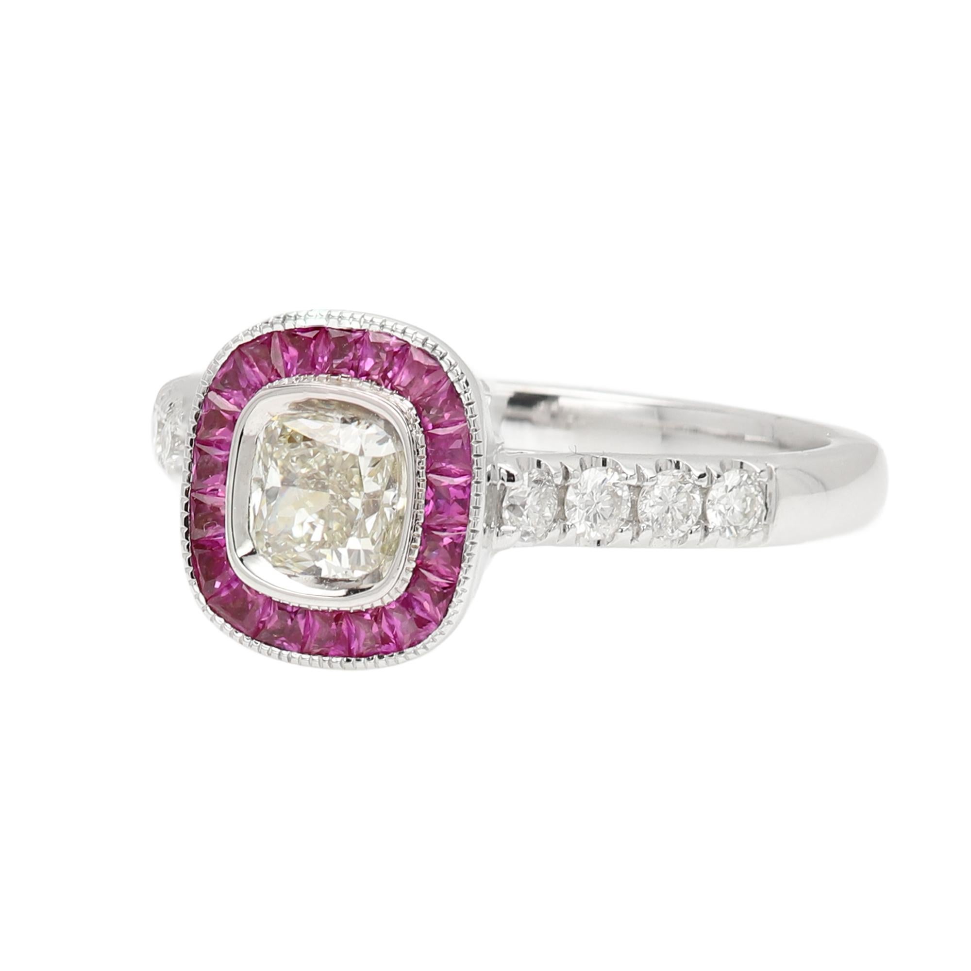 Cushion Cut Light Yellow Diamond Red Ruby Ring 18 Karat Gold Art Deco Ring For Sale