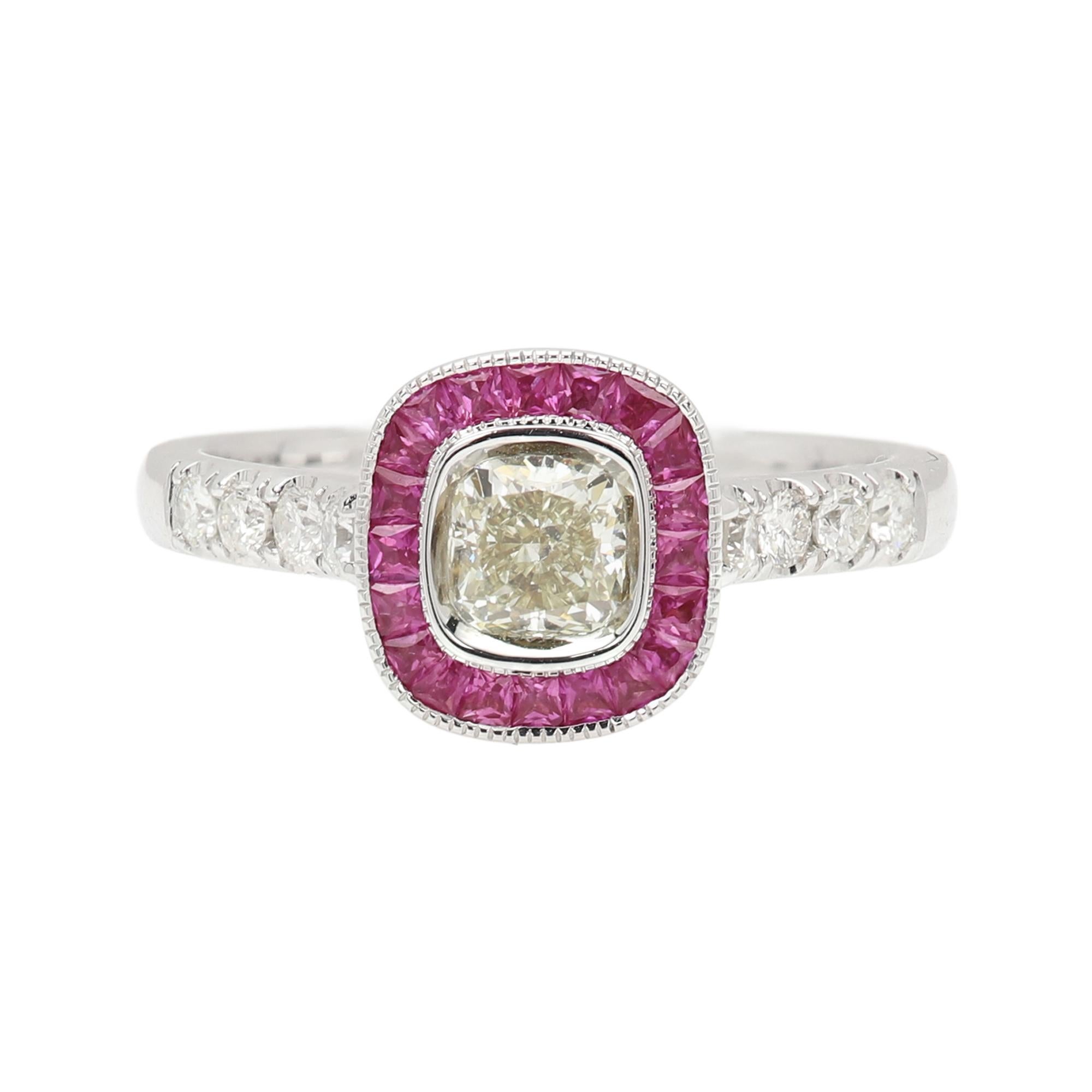 Light Yellow Diamond Red Ruby Ring 18 Karat Gold Art Deco Ring In New Condition For Sale In Brooklyn, NY