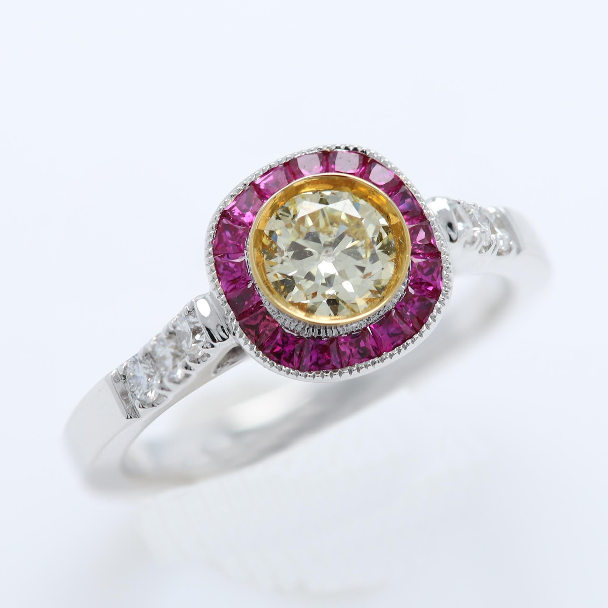 Art Deco Style Colorful Ring
Center is Light Yellow Diamond surrounded with Red Ruby, sides have regular white Diamonds
All stones are Natural
18k Two Tone Gold 
Yellow Diamond size - 0.69 carat Round Shape (6mm) Light Yellow-SI
Small Diamonds 0.36