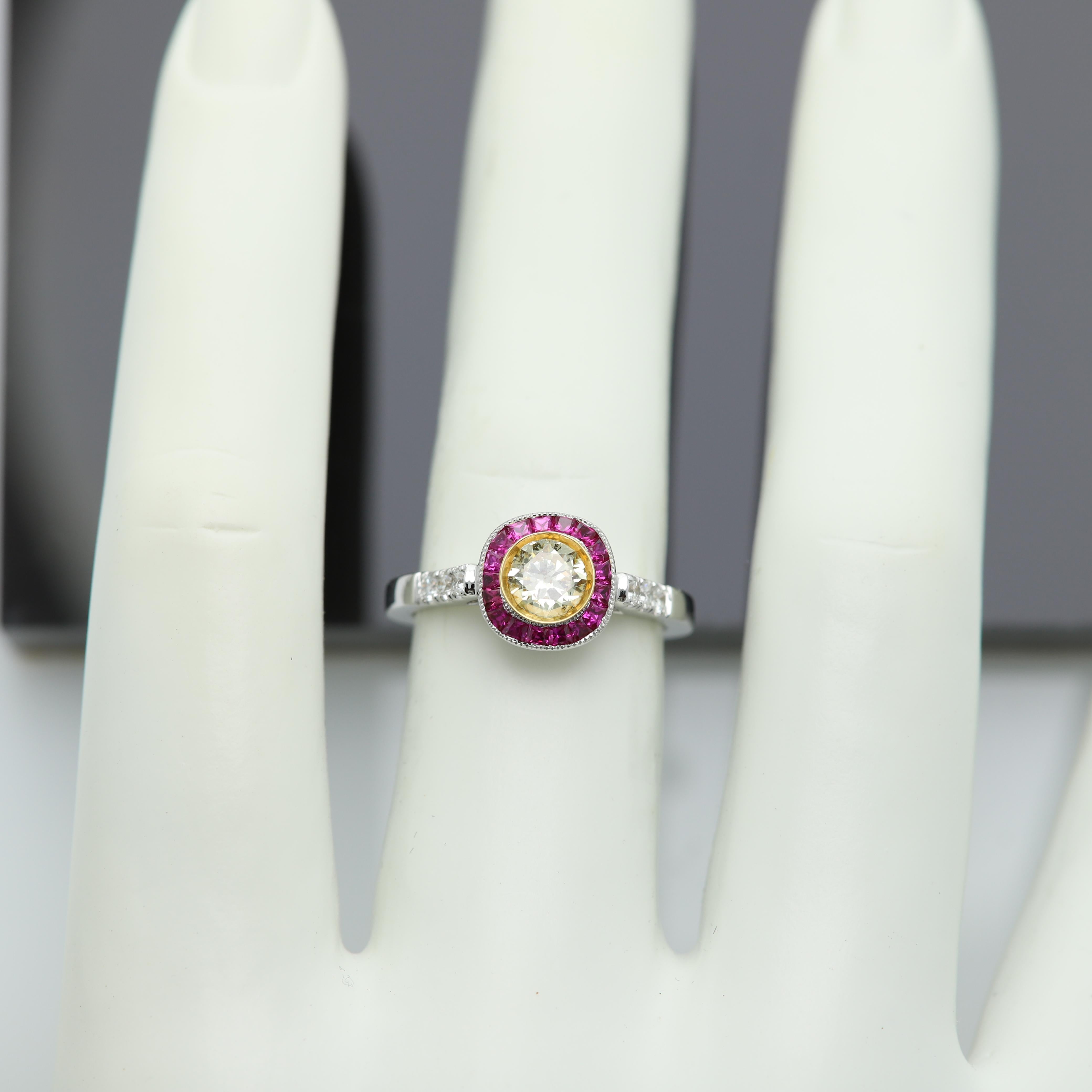 Round Cut Light Yellow Diamond & Ruby Ring 18 Karat Two Tone Gold and Diamonds For Sale