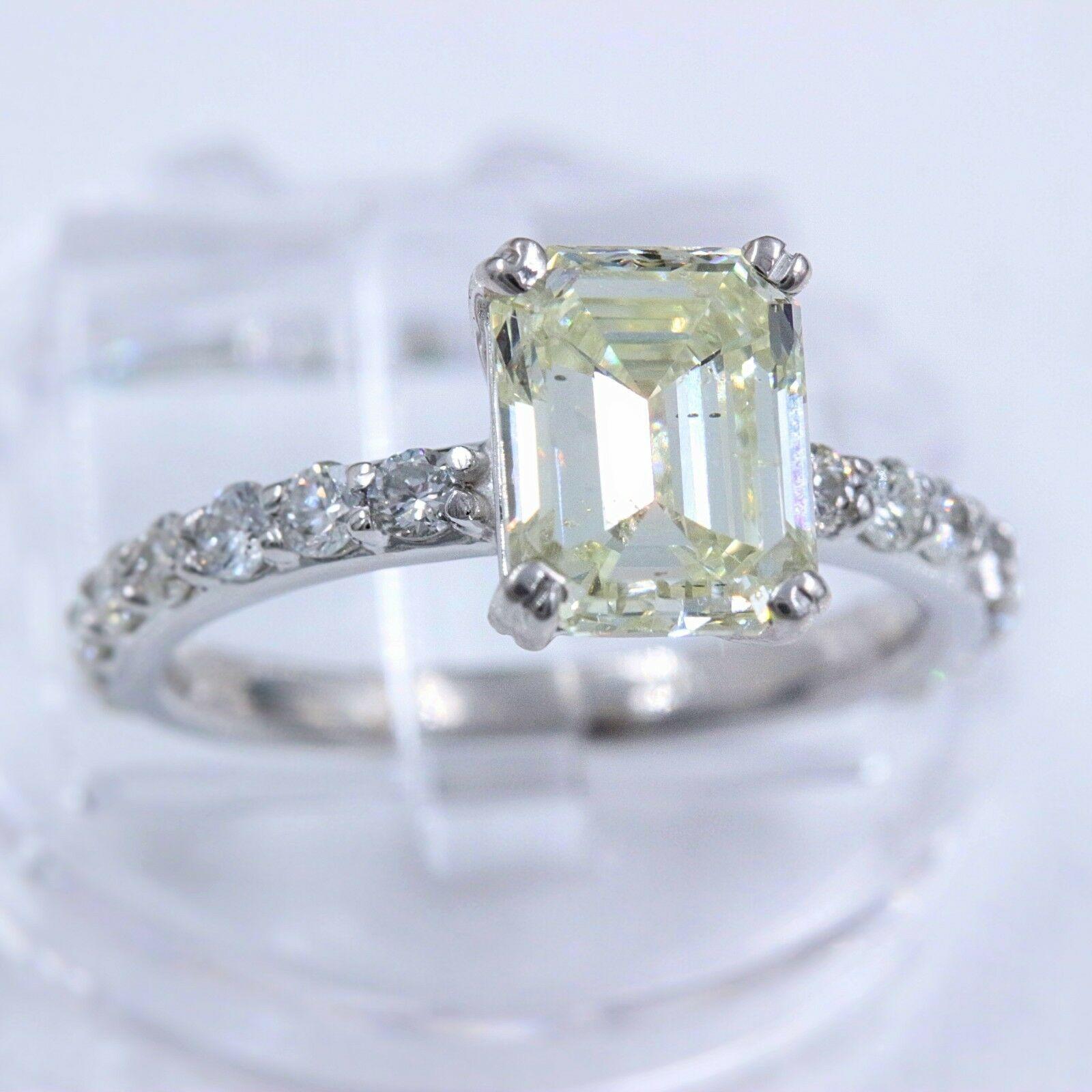 Light Yellow Emerald Diamond Engagement Ring 2.53 Carat 14 Karat White Gold For Sale 5
