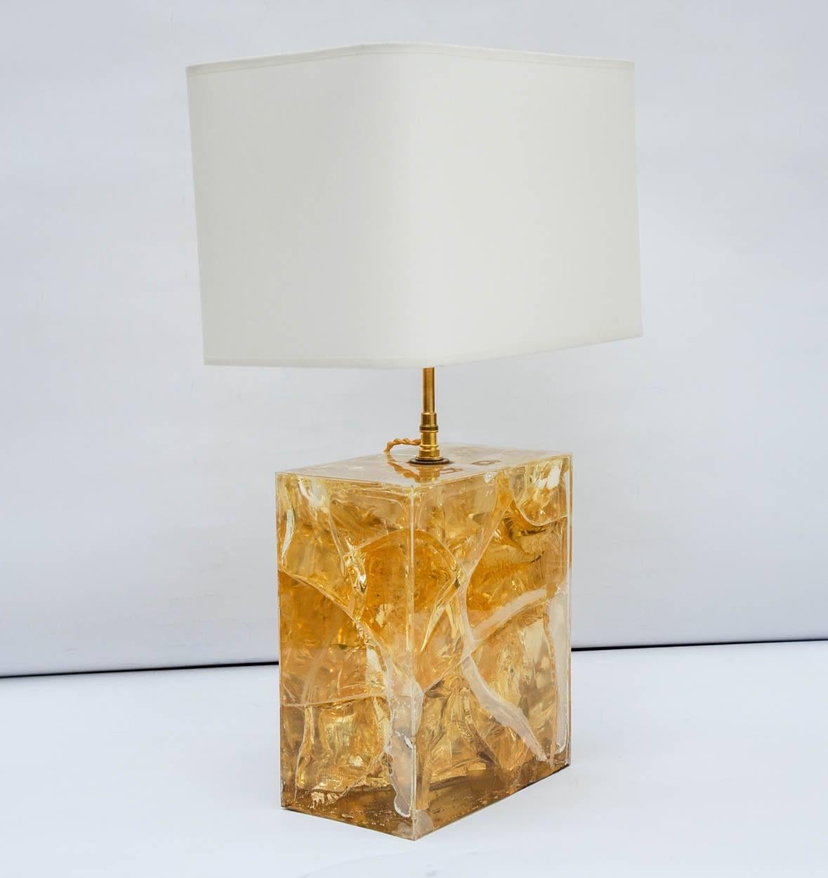 French Light Yellow Fractal Resin and Brass Table Lamp