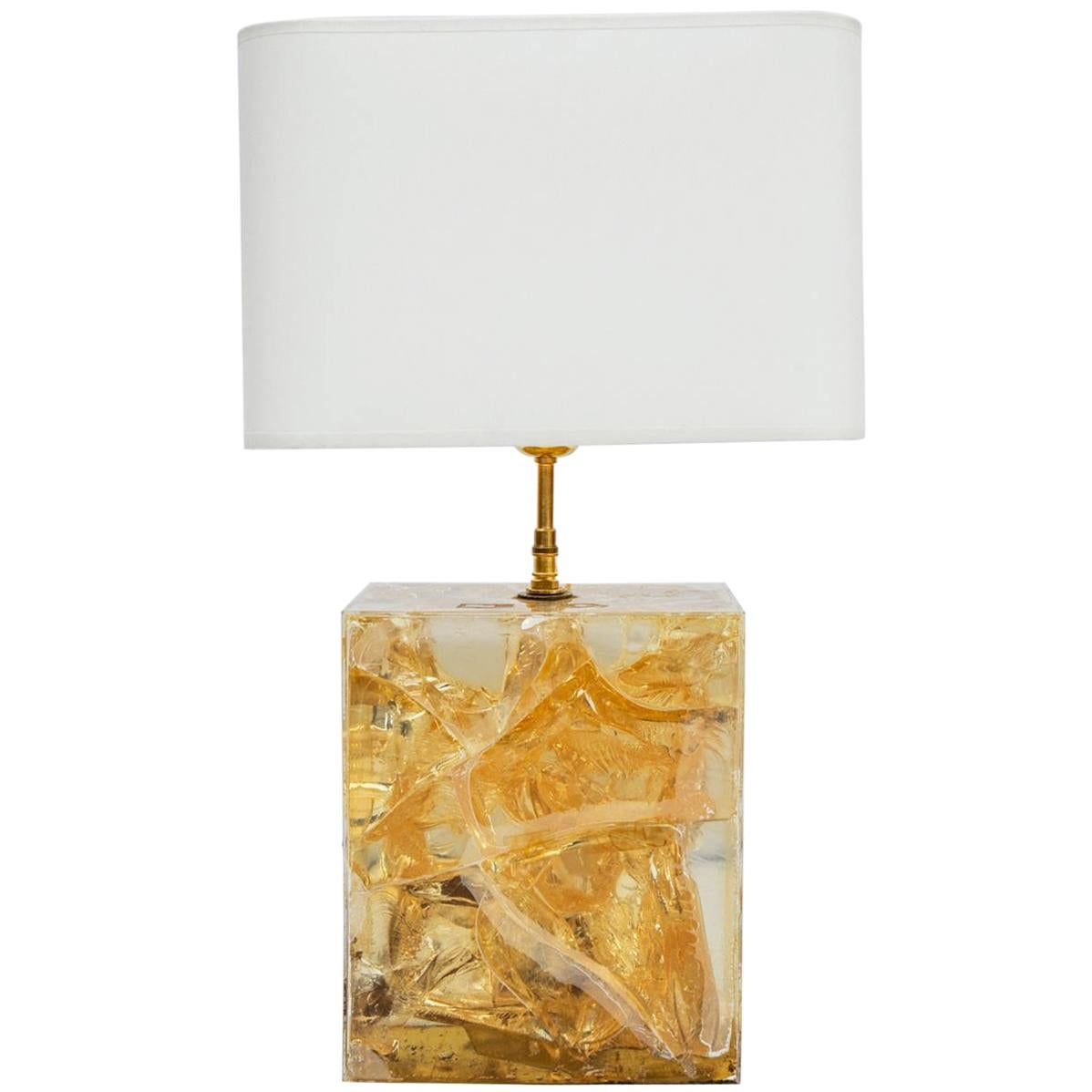 Light Yellow Fractal Resin and Brass Table Lamp